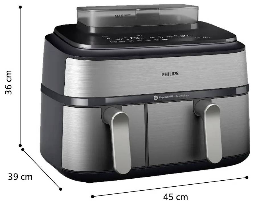 Philips-Heißluftfritteuse mit den Abmessungen 45 cm Breite, 39 cm Tiefe und 36 cm Höhe.