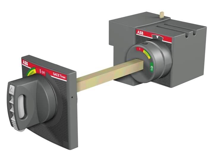 ABB-Drehschaltertrennschalter mit Frontgriff und verbundenem Schaft, dargestellt als separate Steuer- und Schalteinheiten auf weißem Hintergrund.