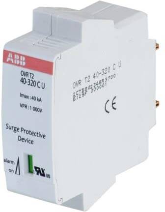 ABB OVR T2 40-320 C U Überspannungsschutzvorrichtung, weißes Elektromodul mit Frontbeschriftungen und Statusanzeigefenster.