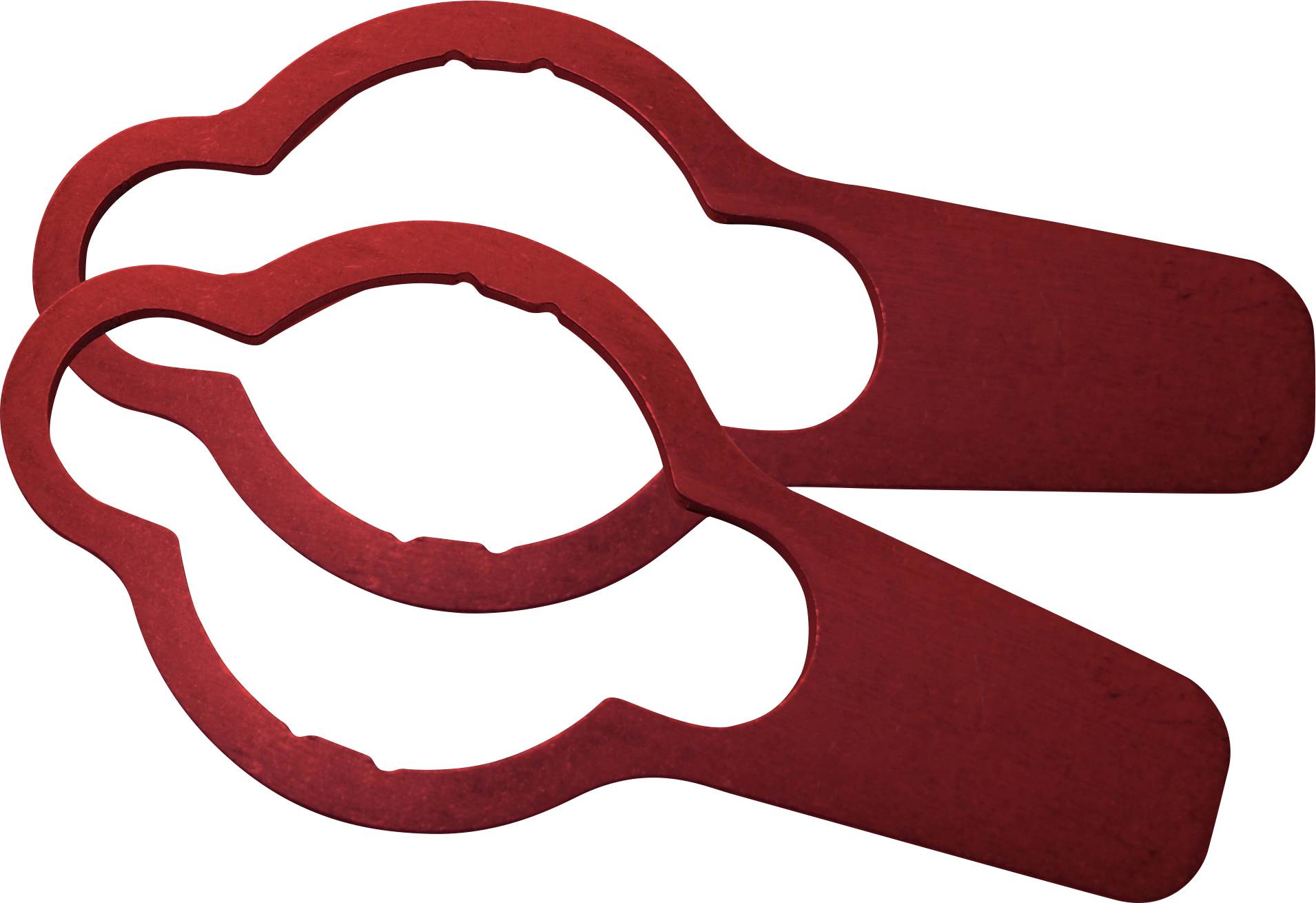 Zwei rote Metall-Plätzchenformen, eine größere wolkenähnliche Form hinter einer kleineren passenden Form, auf weißem Hintergrund.