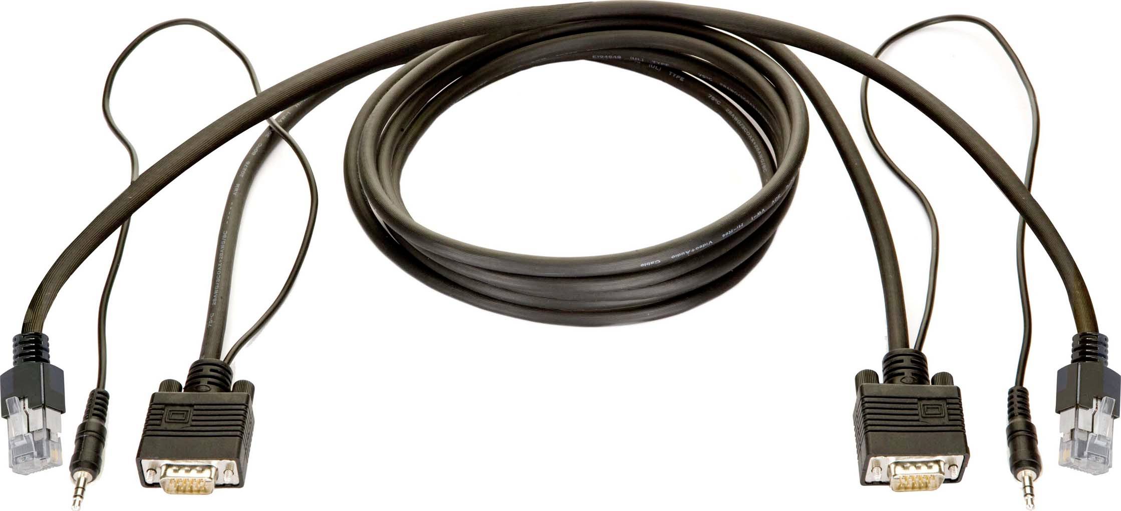 Aufgerolltes braunes Kabel mit Steckverbindern an beiden Enden, einschließlich zwei VGA-ähnlicher Stecker und zwei kleiner runder Audiostecker.