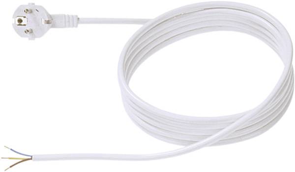 Weißes Stromkabel mit geerdetem Stecker an einem Ende und abgestreiften Drahtleitern am anderen Ende, aufgerollt auf weißem Hintergrund.