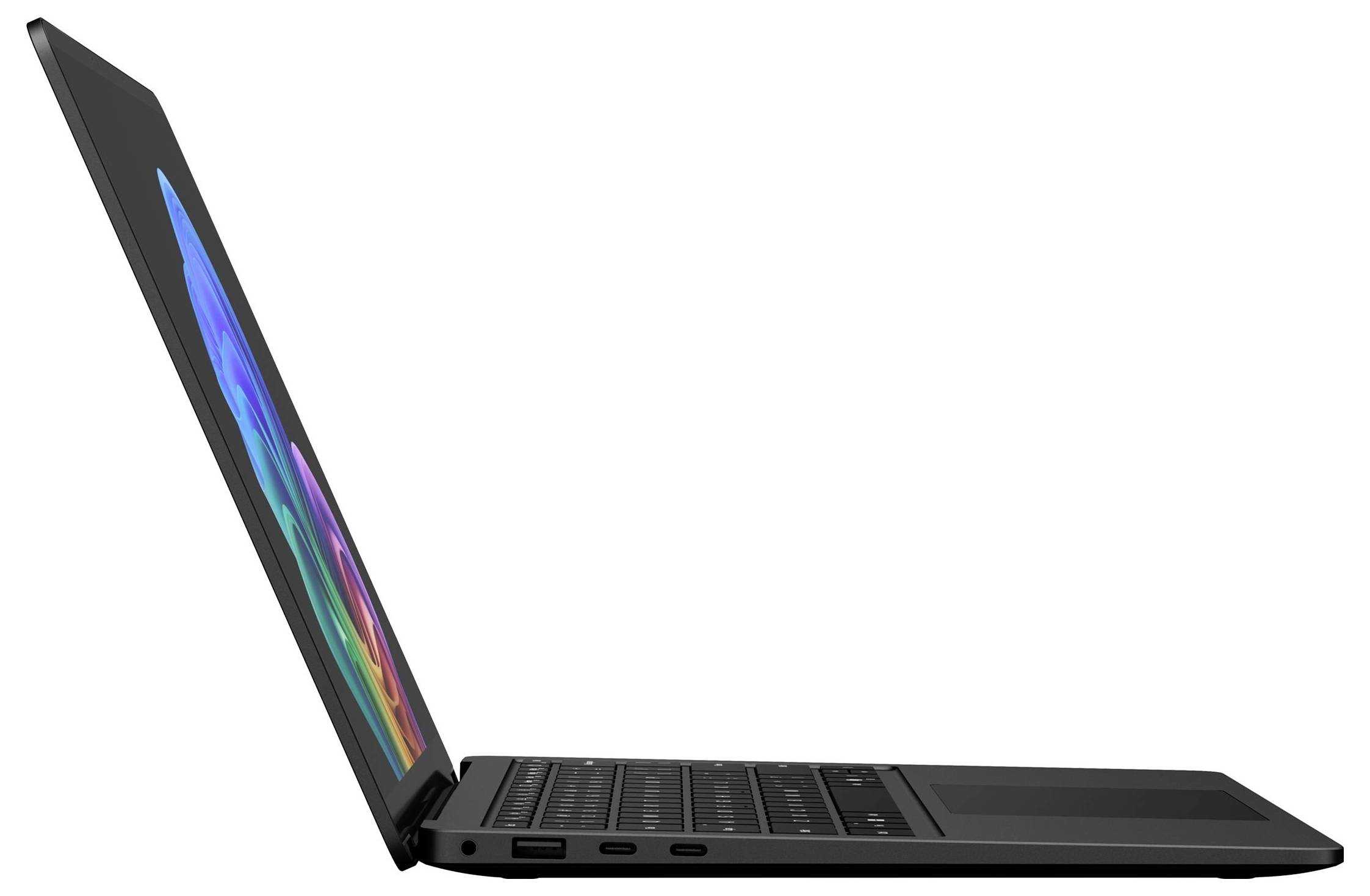 Offener schwarzer Laptop in Seitenansicht gezeigt, Deckel angehoben, zeigt einen farbenfrohen abstrakten Bildschirm auf weißem Hintergrund.