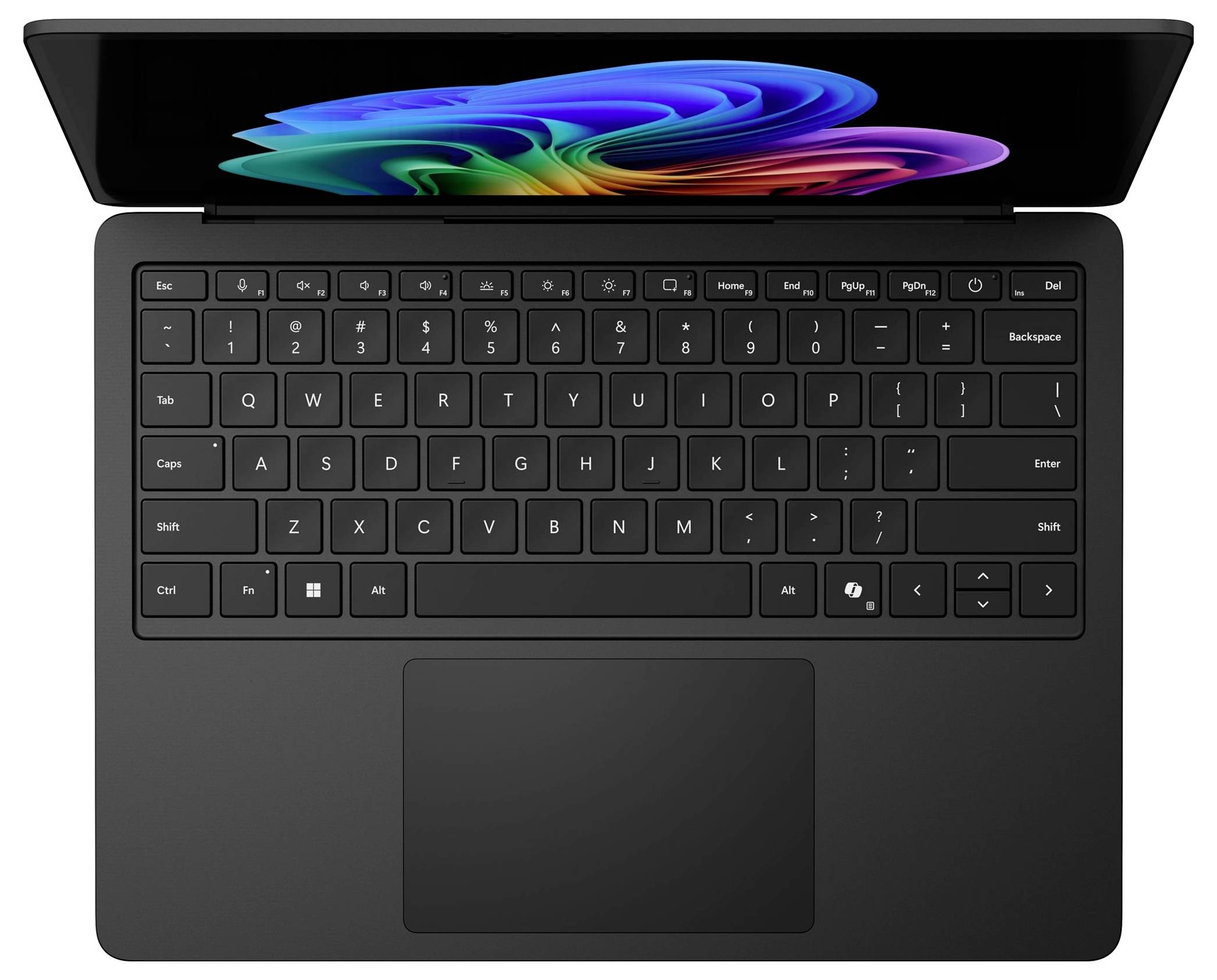 Aufsicht auf einen schwarzen Laptop mit geöffnetem Bildschirm, der ein farbenfrohe abstrakte Hintergrund zeigt, und einer kompakten Tastatur mit großem Touchpad.