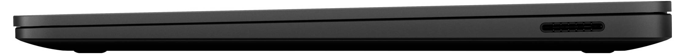 Seitenansicht eines geschlossenen, schlanken schwarzen Laptops, der das dünne Profil und die Basiskante zeigt.