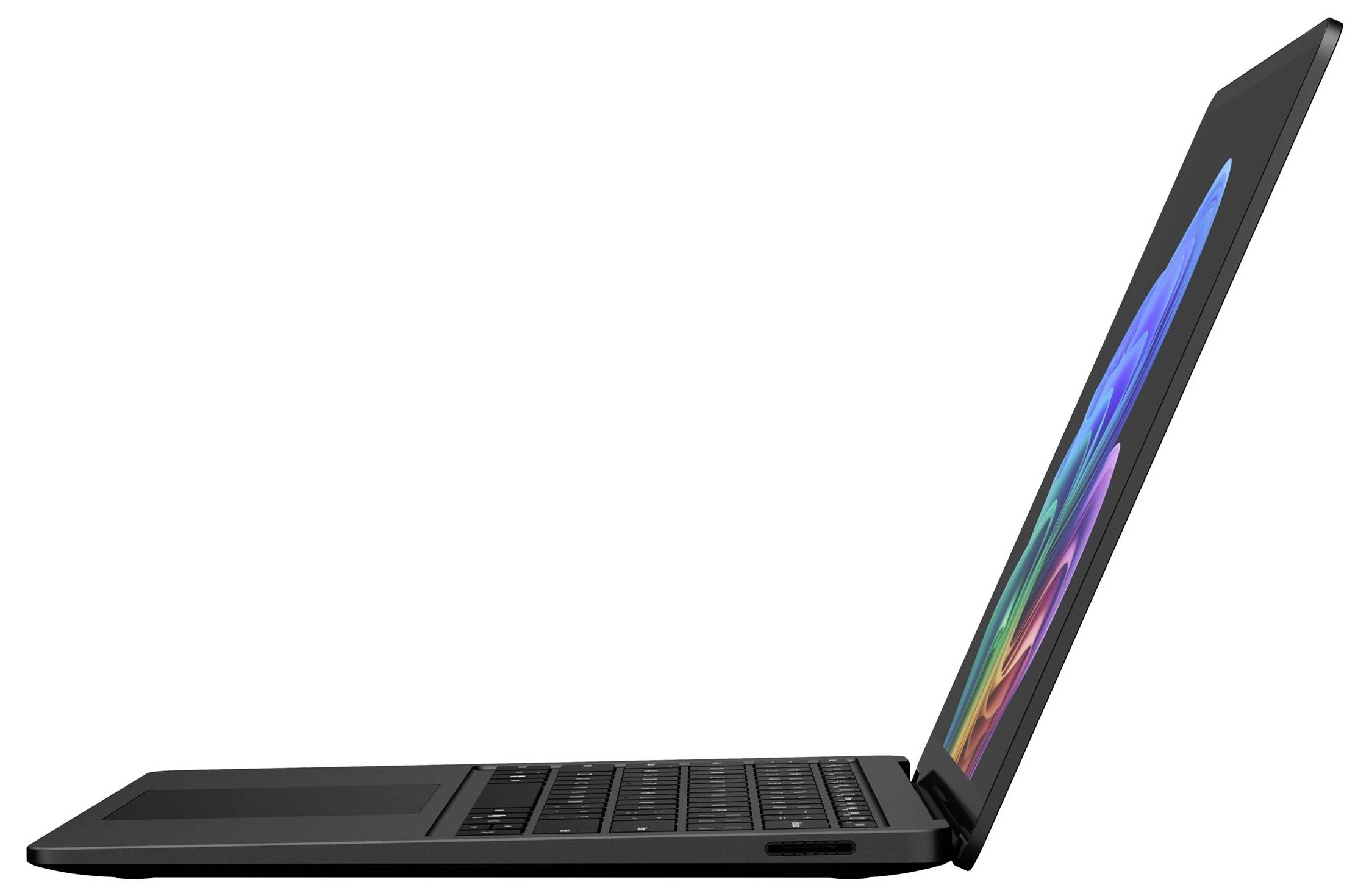 Seitenansicht eines dünnen schwarzen Laptops, der teilweise geöffnet ist und die Tastatur sowie ein farbiges Display auf weißem Hintergrund zeigt.