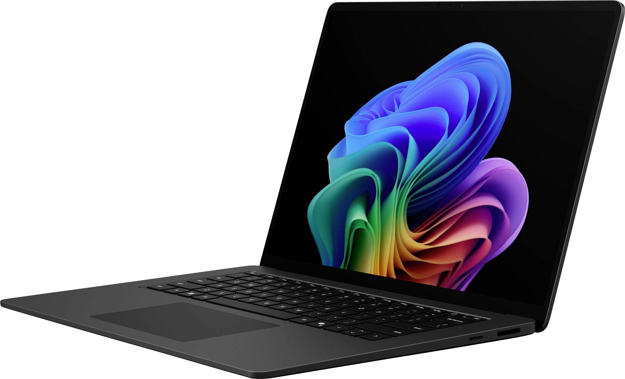 Offener schwarzer Laptop mit farbenfrohem abstraktem Blumenmotiv auf dem Bildschirm, in einem Winkel auf weißem Hintergrund angezeigt.