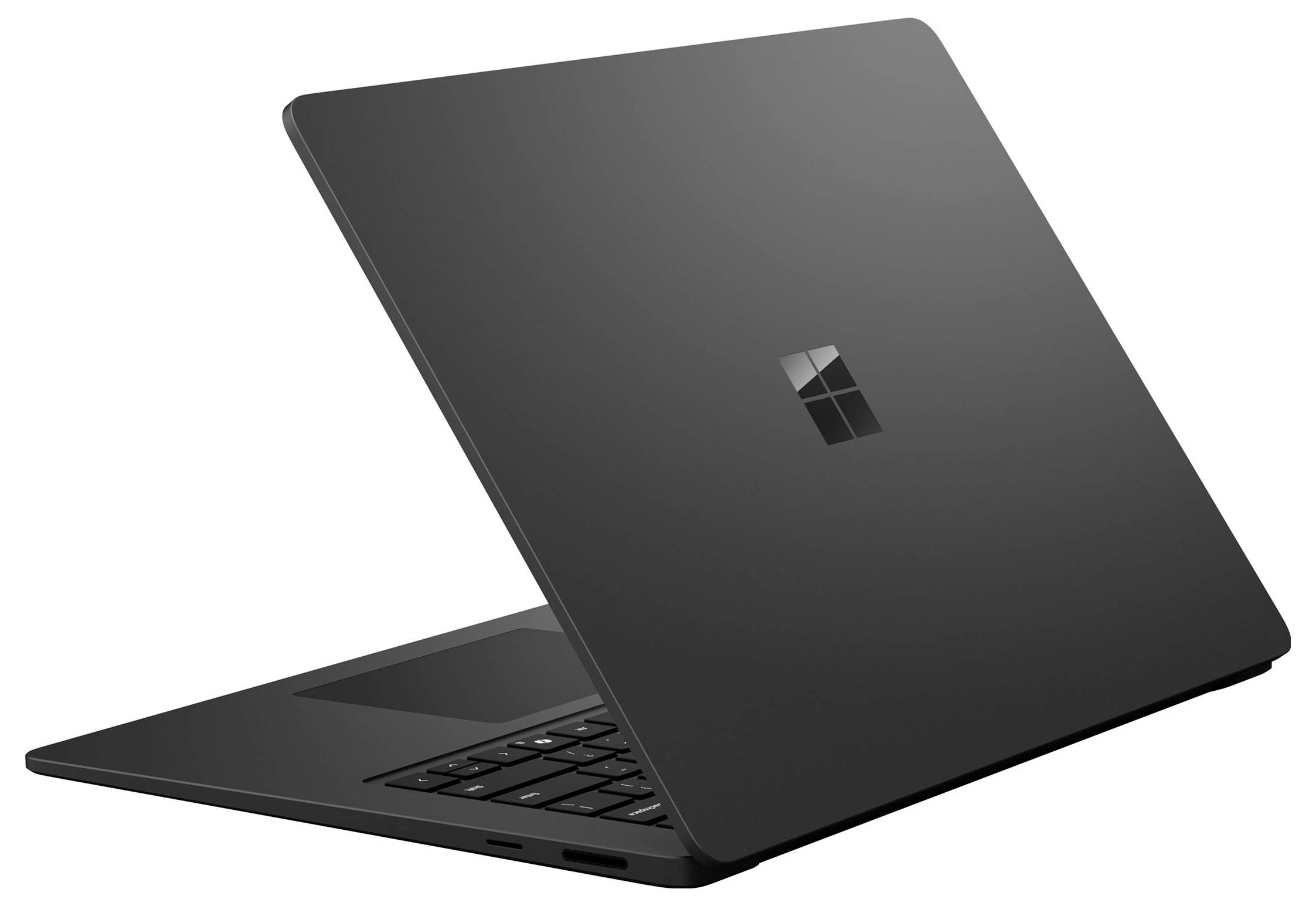 Schwarzer Microsoft Surface-Laptop, teilweise offen, auf weißem Hintergrund gezeigt, mit dem Windows-Logo zentriert auf dem Deckel.
