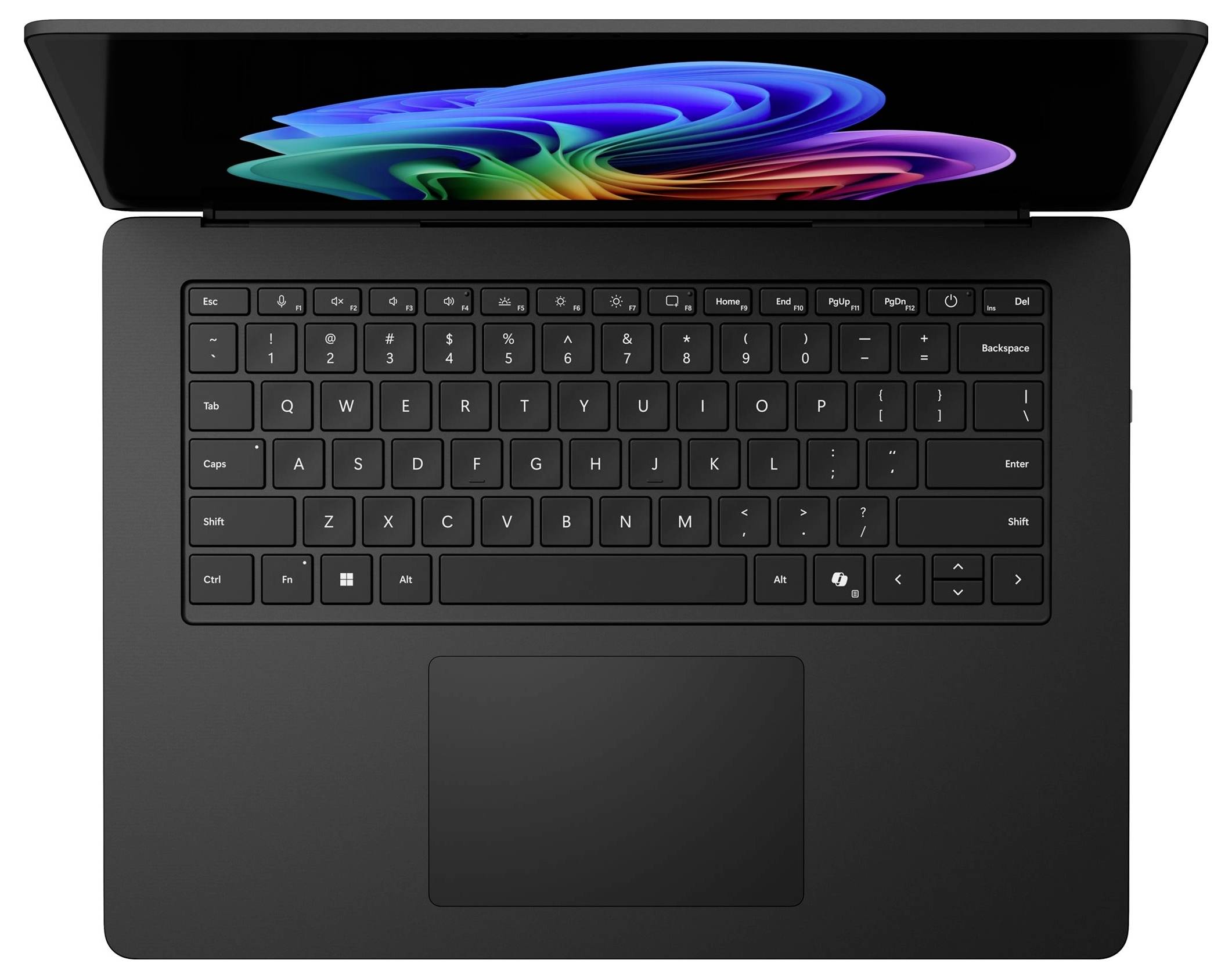 Laptop von oben betrachtet, zeigt einen farbenfrohen abstrakten Bildschirm und schwarze Tastatur mit großem Touchpad.