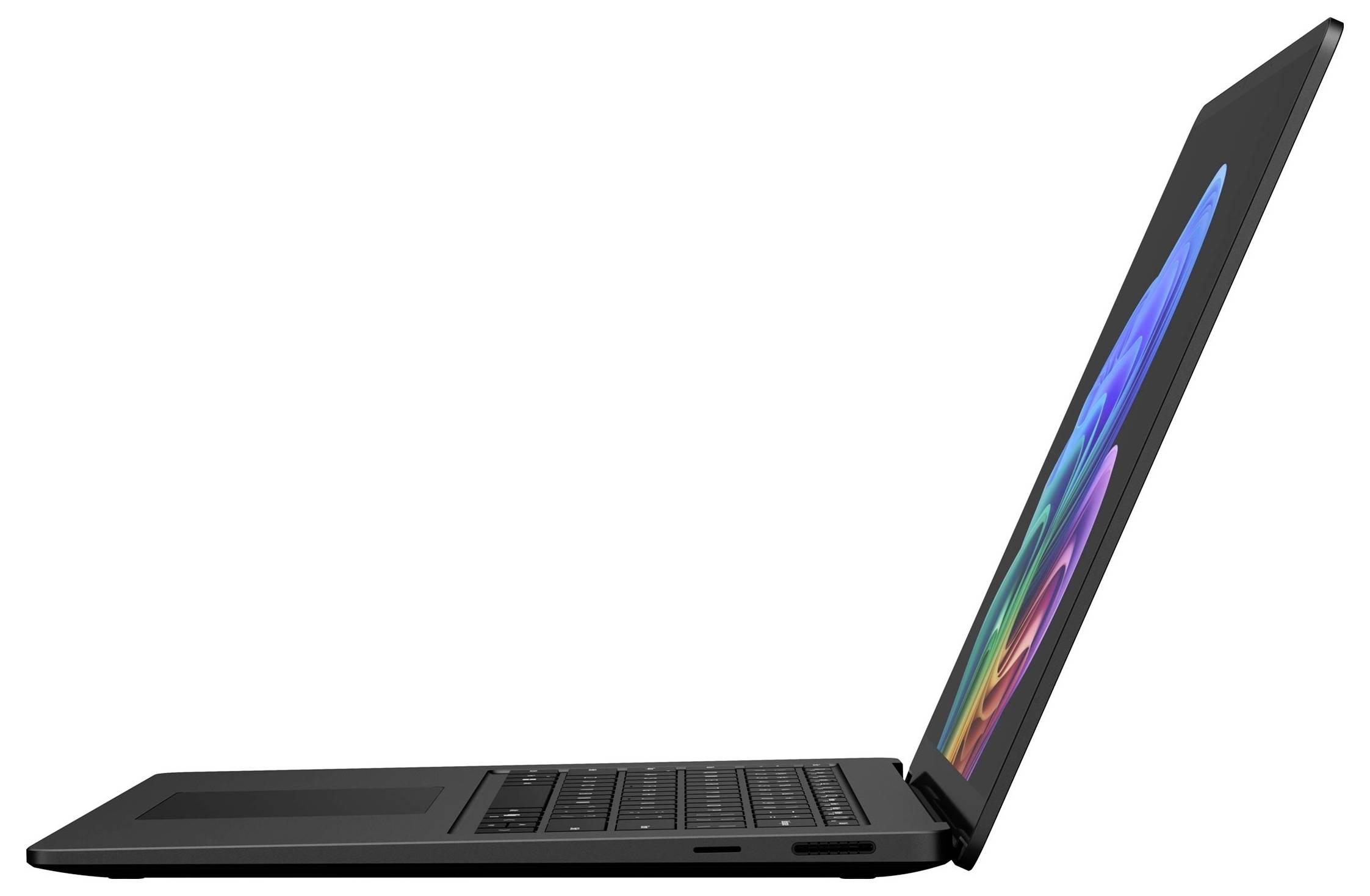 Seitenansicht eines offenen schwarzen Laptops mit farbenfrohem Bildschirmdisplay auf weißem Hintergrund.