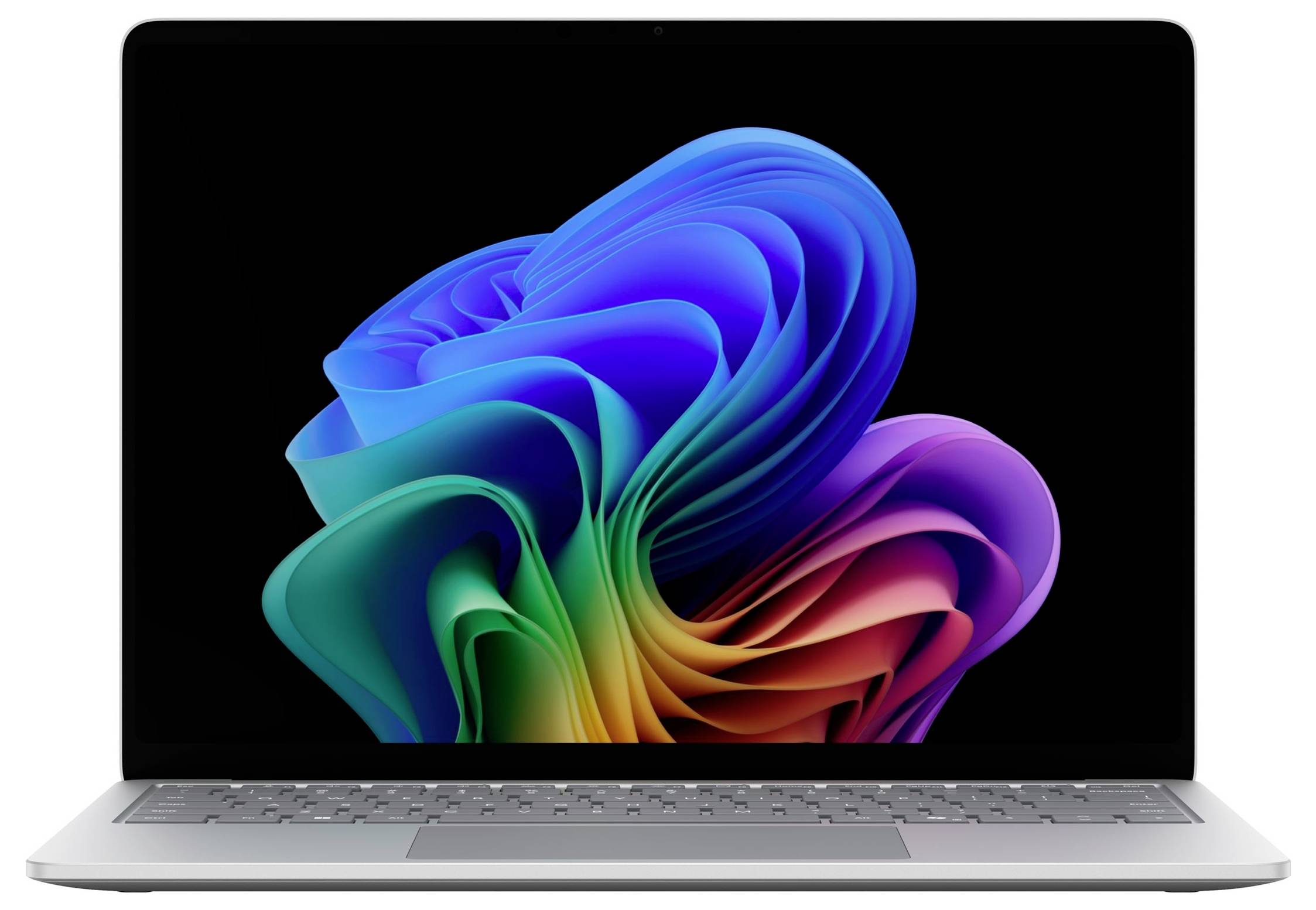 Silberner Laptop, der mit geöffnetem Deckel auf schwarzem Hintergrund mit buntem abstraktem Windows-ähnlichem Wirbel-Hintergrundbild gezeigt wird.