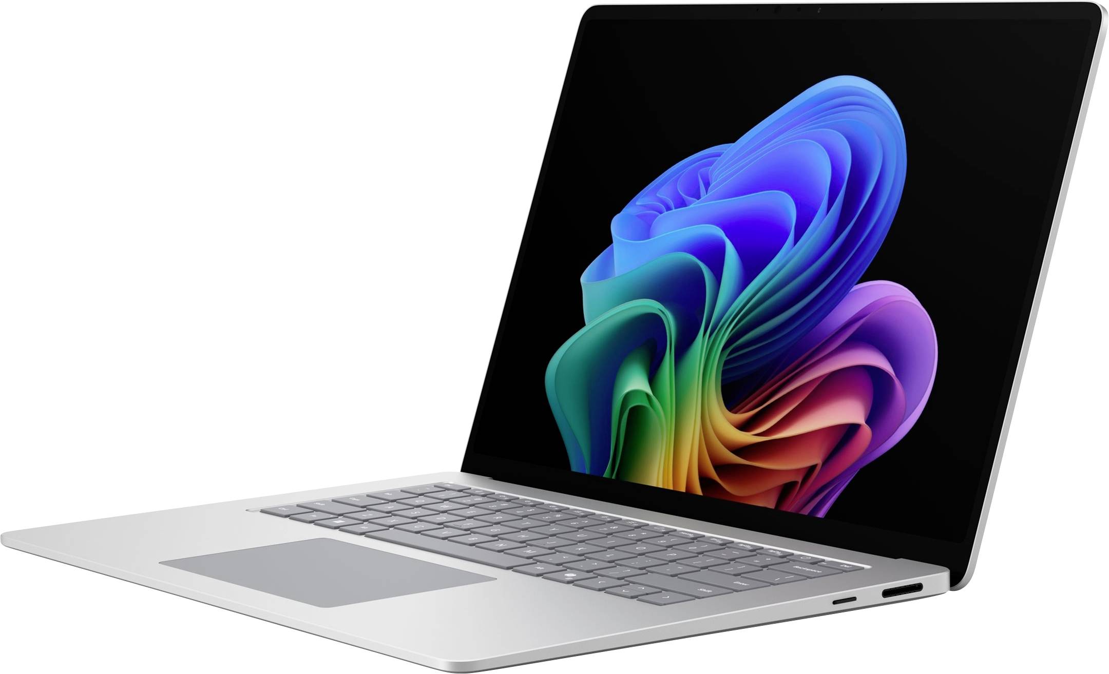 Silberner Laptop in einem Winkel geöffnet, auf dem Bildschirm eine farbenfrohe abstrakte Blumentapete angezeigt.