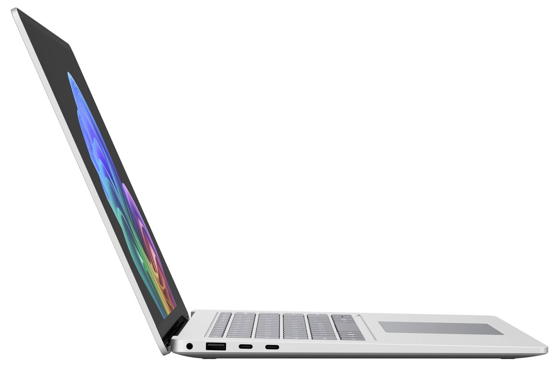 Dünner silberner Laptop in Seitenansicht geöffnet, mit farbenfrohem Bildschirmdisplay und sichtbarer Tastatur, Anschlüssen und Touchpad.