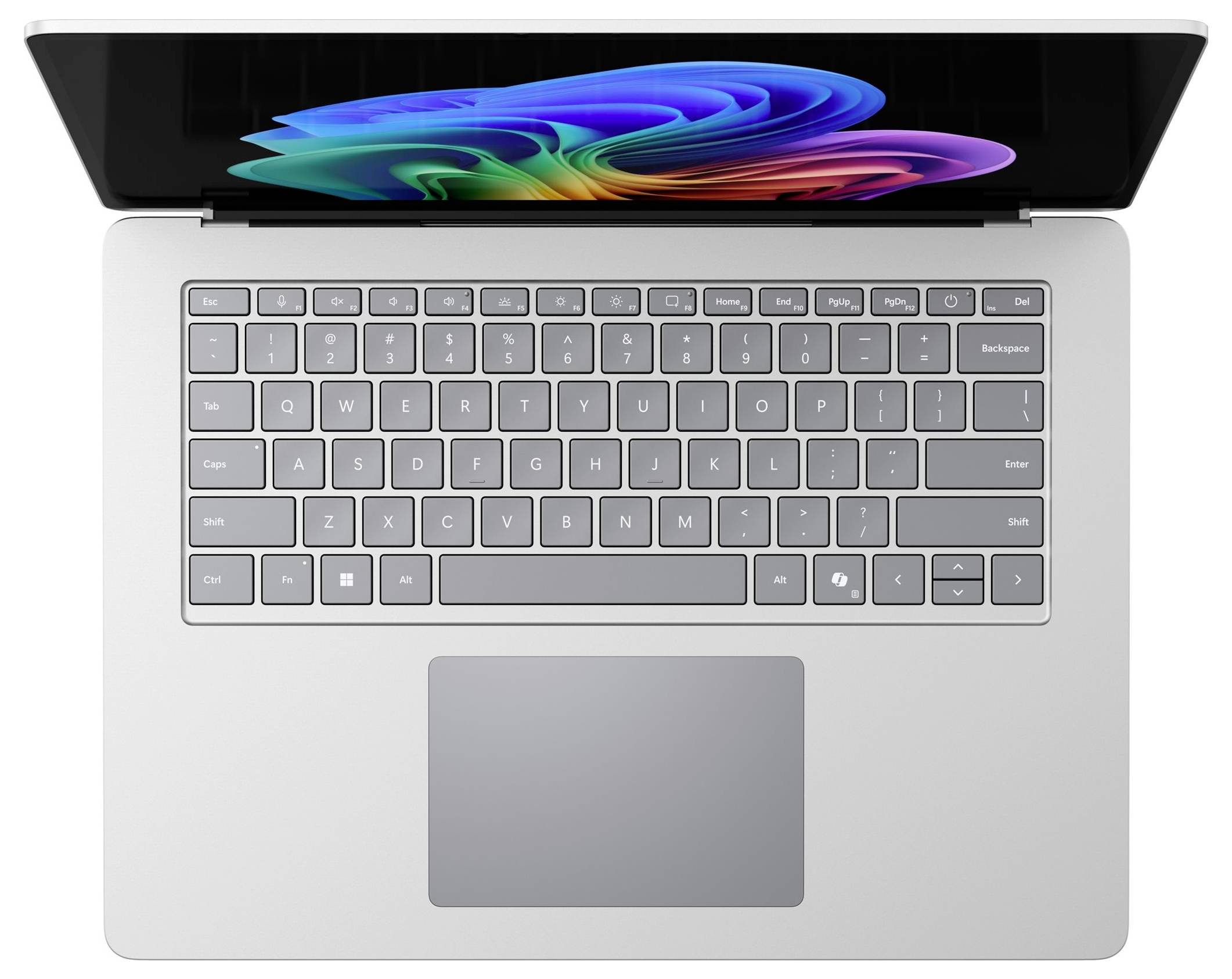 Draufsicht auf einen silbernen Laptop mit geöffnetem Bildschirm, der eine bunte abstrakte Tapete zeigt, sowie eine graue Tastatur und ein graues Trackpad.