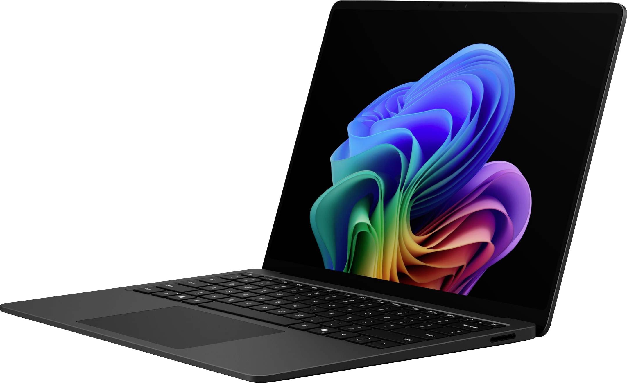 Ein eleganter schwarzer Laptop, der in einem Winkel geöffnet ist und zeigt ein buntes abstraktes blumenähnliches Hintergrundbild auf dem Bildschirm.