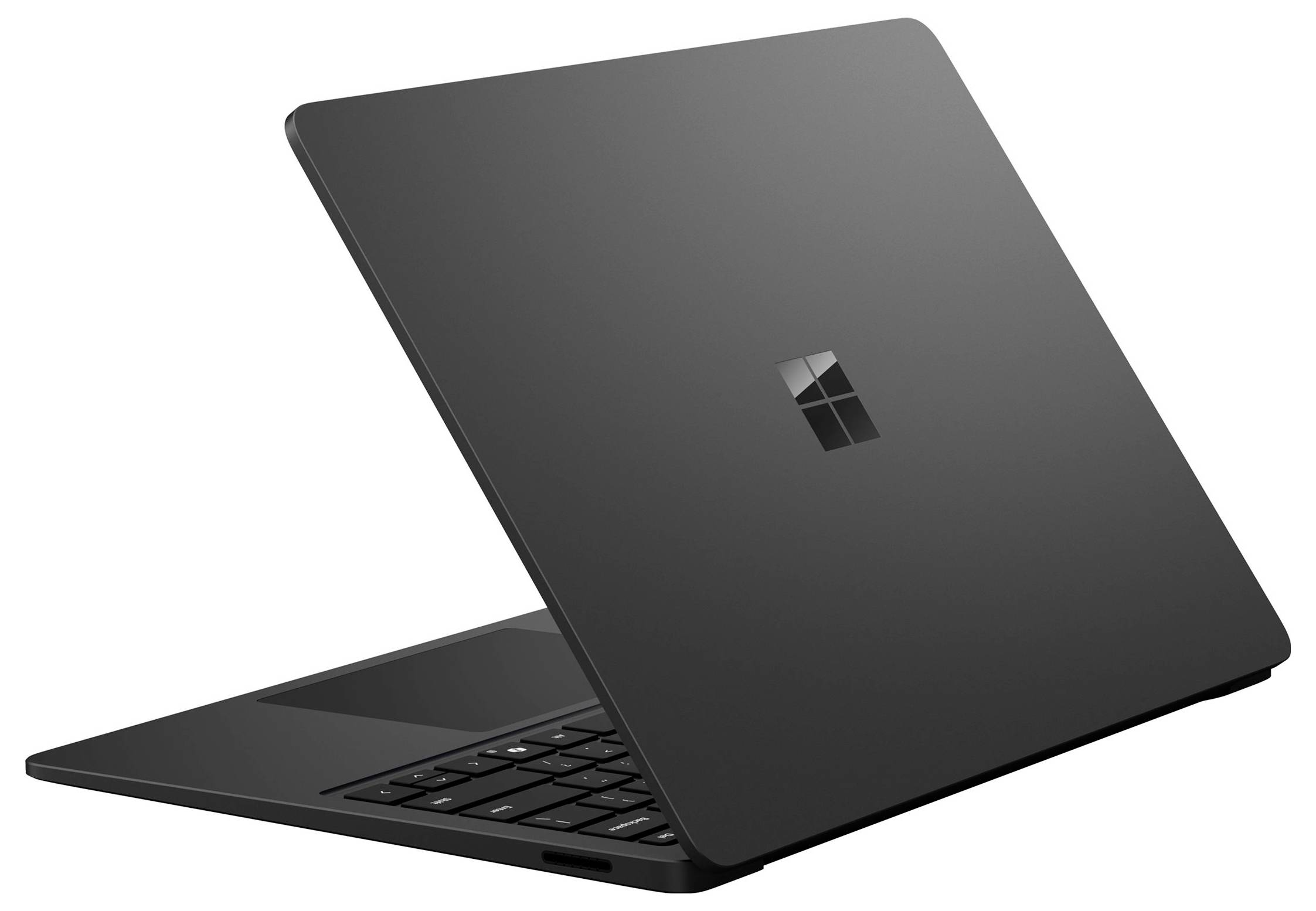Offener schwarzer Laptop mit Windows-Logo auf dem Deckel, teilweise auf weißem Hintergrund geöffnet gezeigt.
