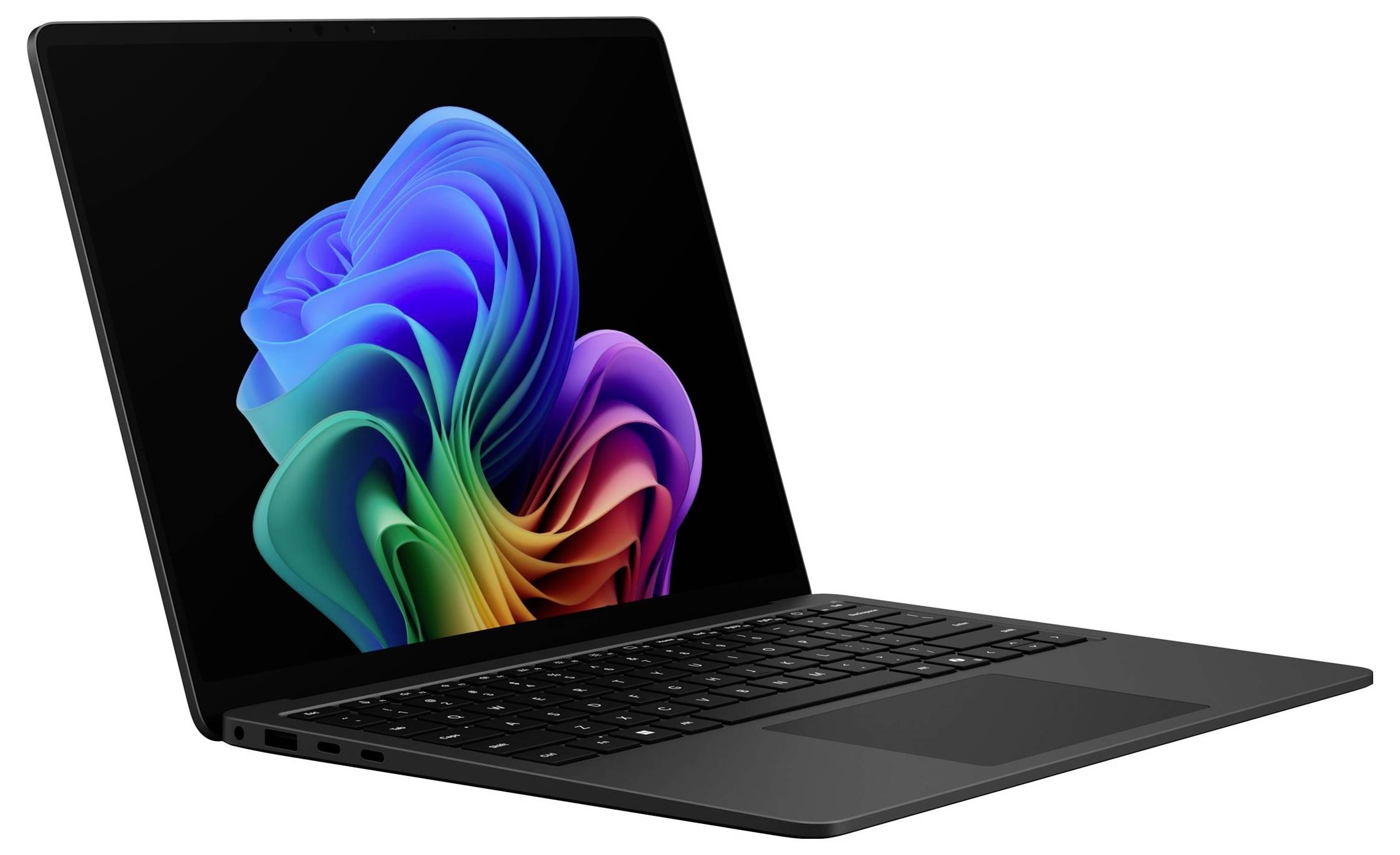 Ein schwarzer Laptop, der in einem Winkel geöffnet ist und eine farbenfrohe abstrakte blumenähnliche Tapete auf dem Bildschirm zeigt.