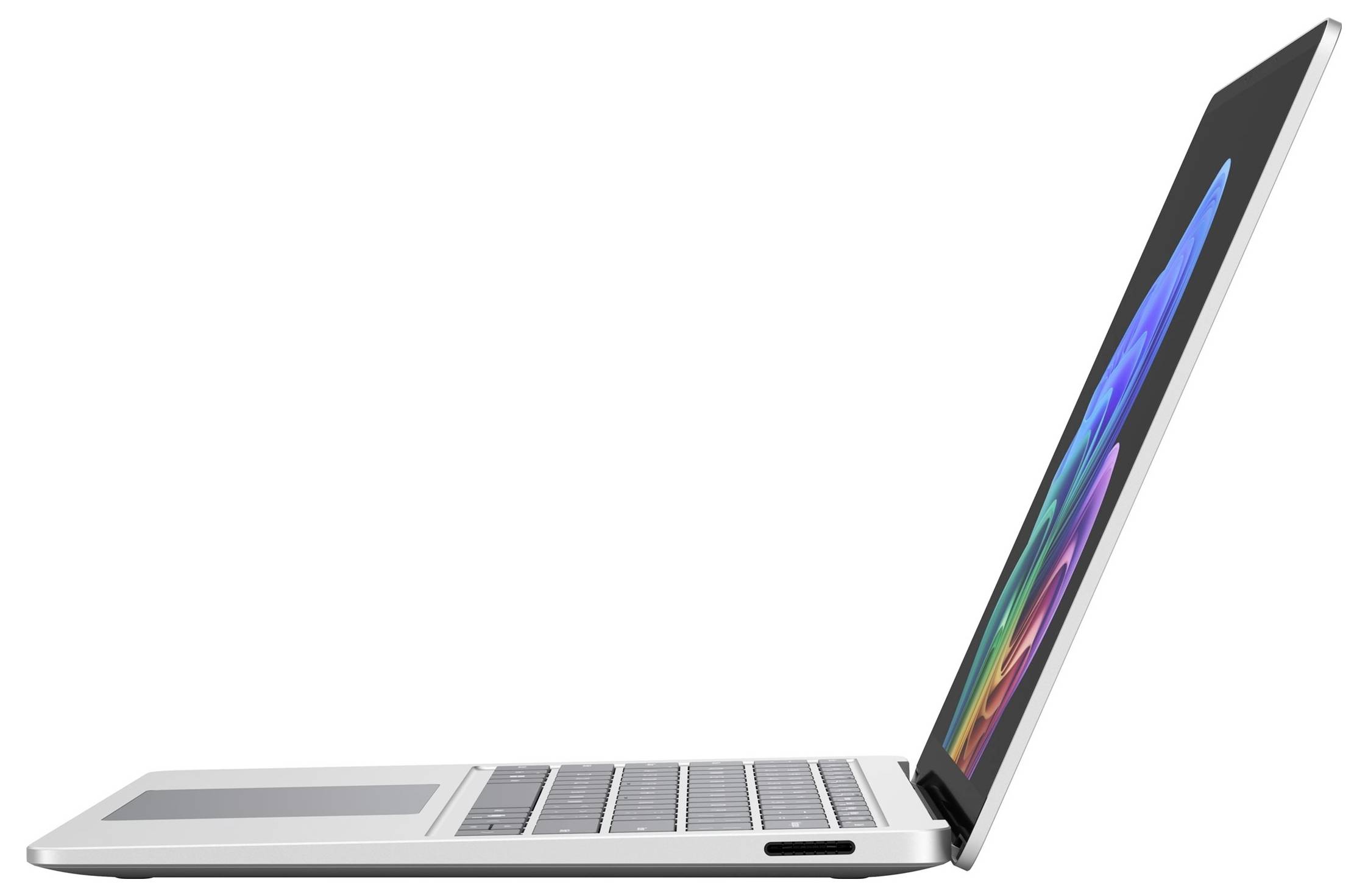 Seitenansicht eines silbernen, etwa im rechten Winkel geöffneten Laptops, der die Tastatur, das Trackpad und einen bunten Bildschirm auf weißem Hintergrund zeigt.