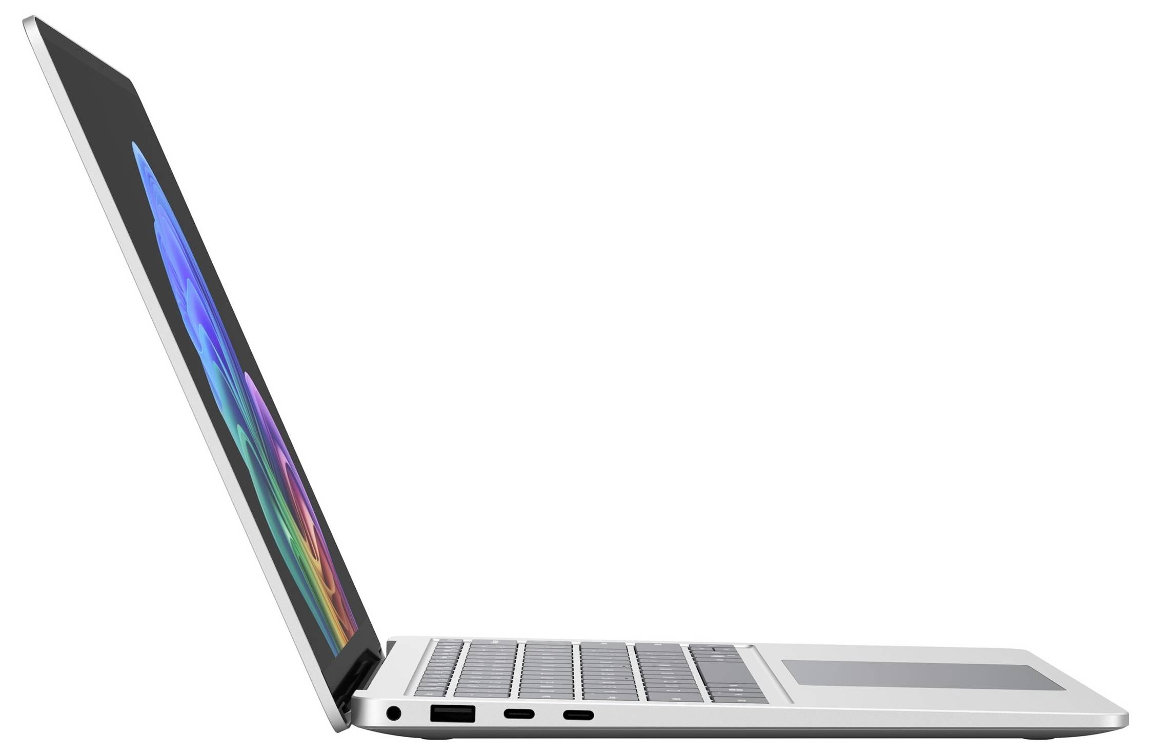 Seitenansicht eines schlanken silbernen Laptops mit geöffnetem Bildschirm, der ein farbenfrohe abstrakte Anzeige und Tastatur zeigt.