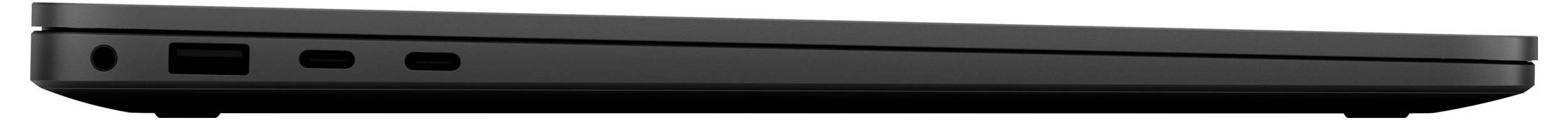 Seitenansicht eines geschlossenen dünnen Laptops, die die Vorderkante und Anschlüsse an einem silbernen und schwarzen Gehäuse zeigt.