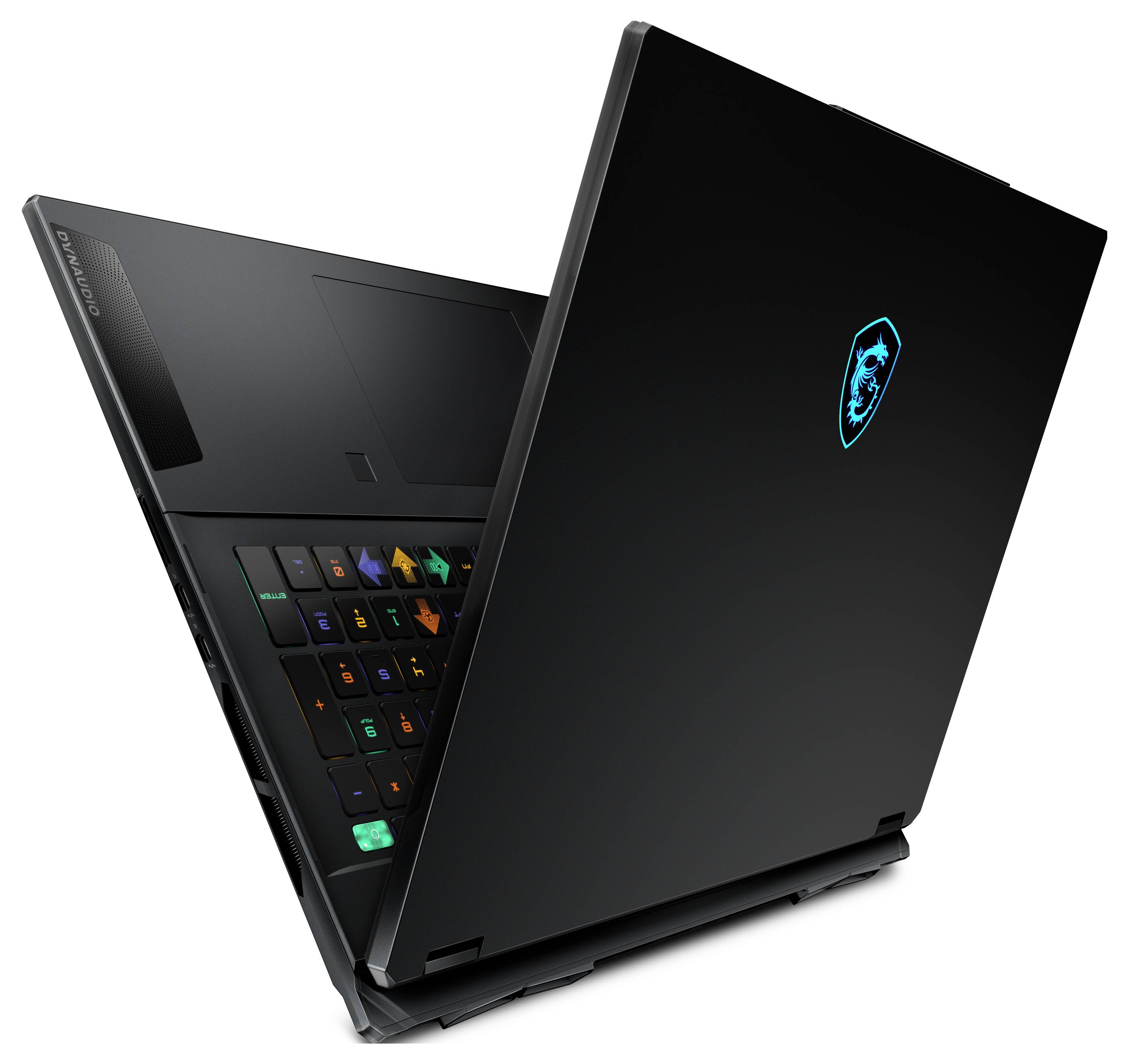 Teilweise geöffneter schwarzer MSI-Laptop mit leuchtendem Drachen-Logo auf dem Deckel und sichtbarer RGB-beleuchteter Tastatur im Inneren.