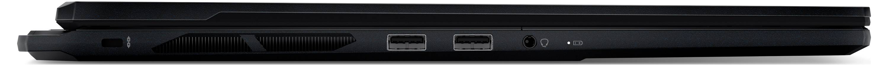 Seitenansicht eines geschlossenen schwarzen Laptops, die das dünne Profil, das Scharnier, den USB-Anschluss und den Ein-/Ausschalter zeigt.