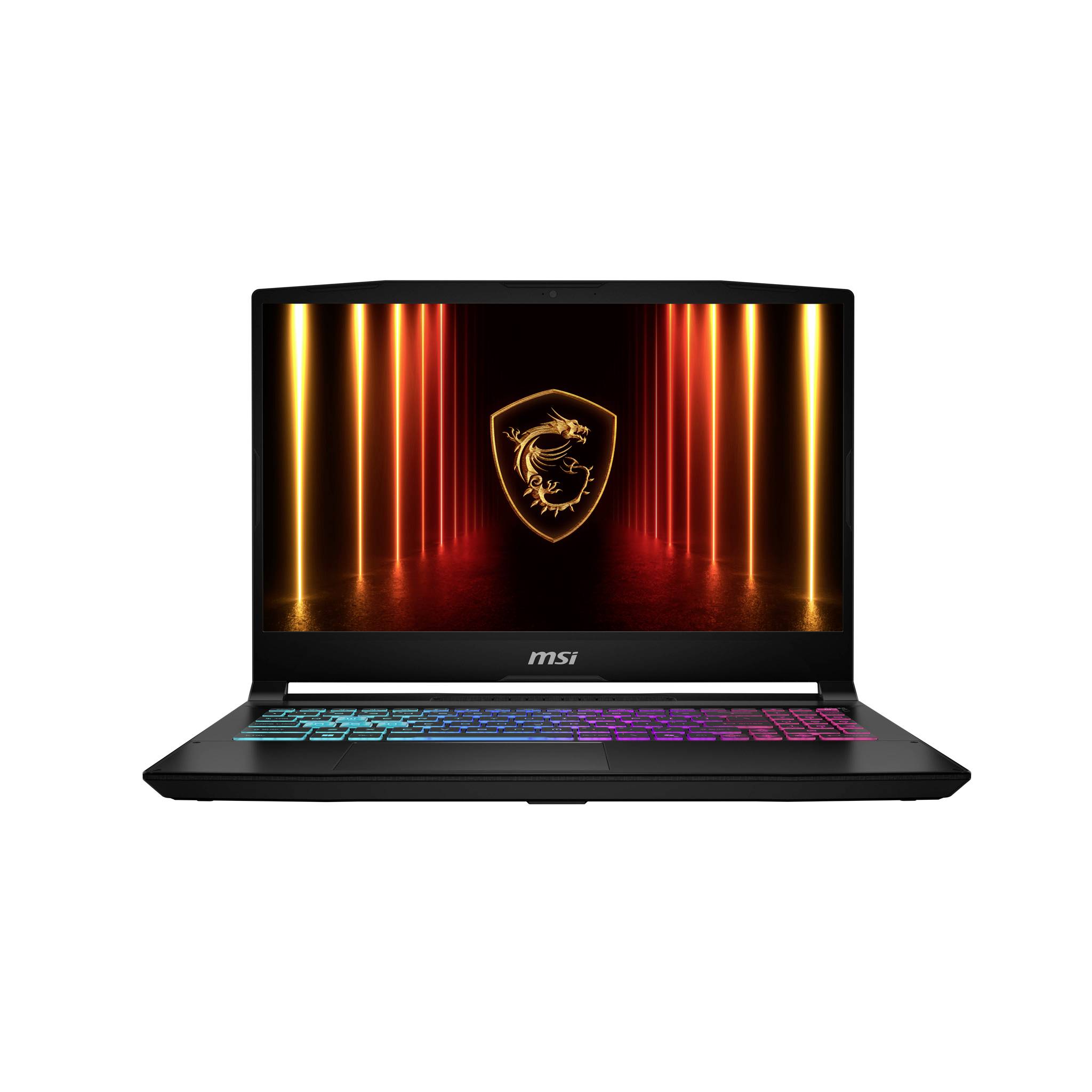 Schwarzer MSI-Laptop mit leuchtendem Drachensymbol auf dem Bildschirm und RGB-beleuchteter Tastatur.