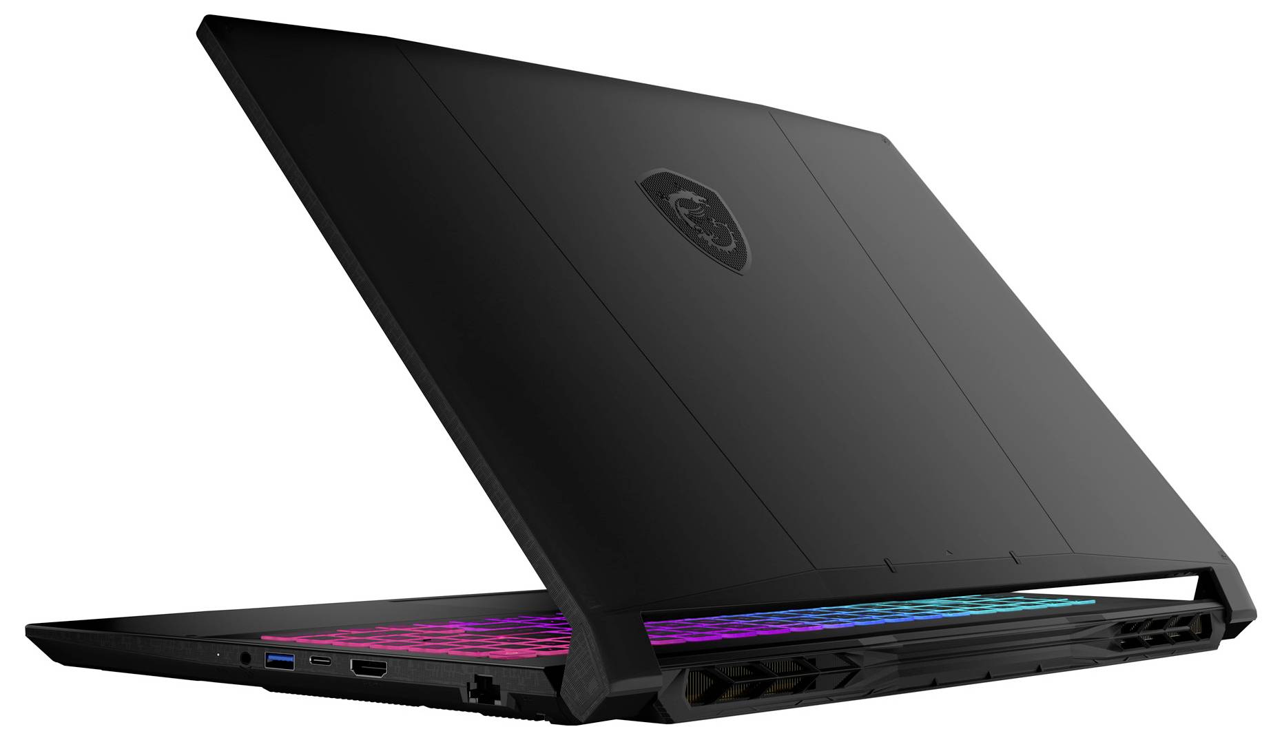 Schwarzer MSI-Gaming-Laptop teilweise geöffnet, mit beleuchteten rosa und blauen Tastaturakzenten und einem hinteren Logo auf dem Deckel