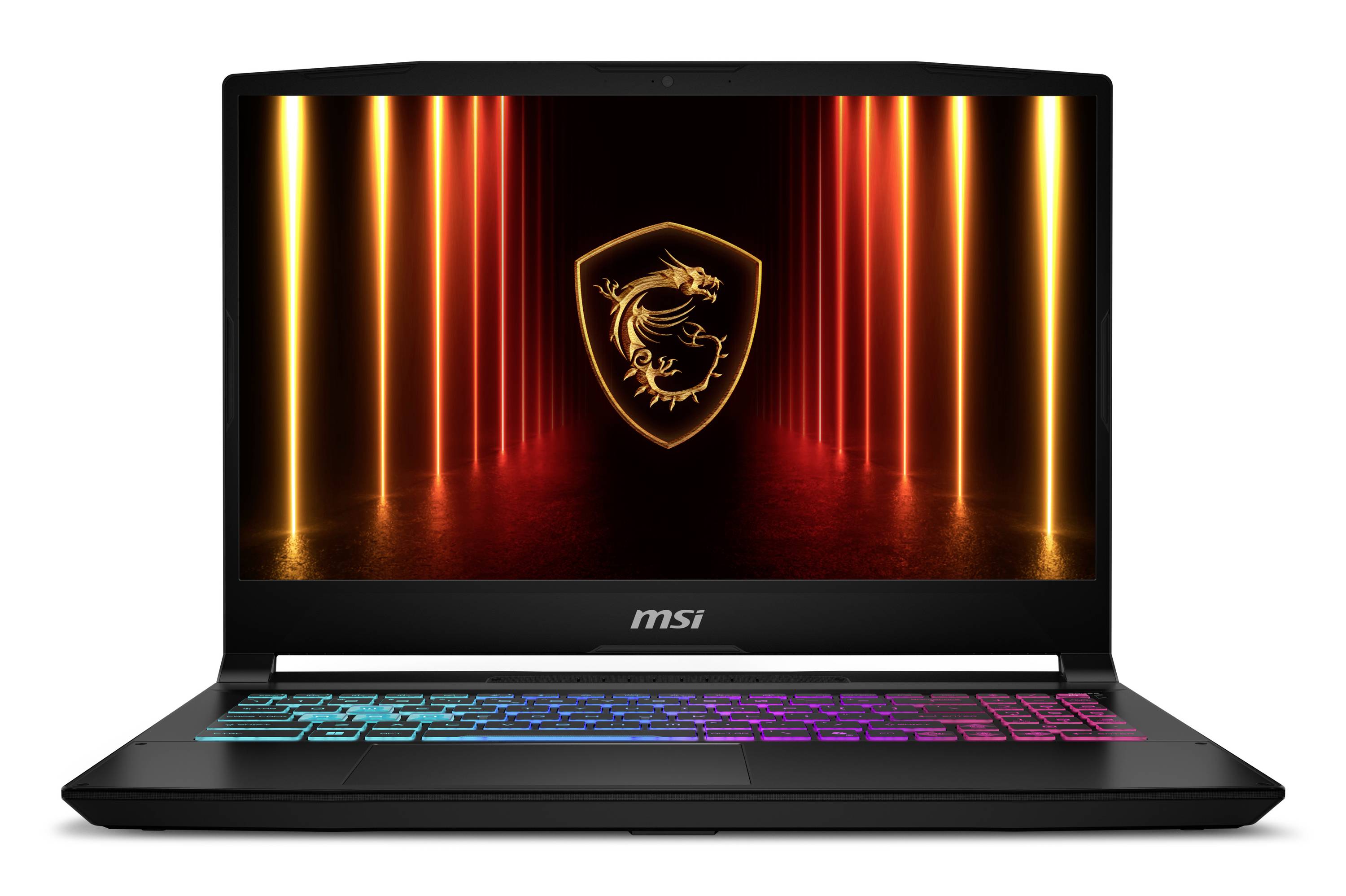 MSI Gaming-Laptop mit RGB-hinterleuchter Tastatur und einem Bildschirm, der ein leuchtendes Drachen-Schild-Logo auf einem rot-orangefarbenen Lichttunnel-Hintergrund anzeigt.