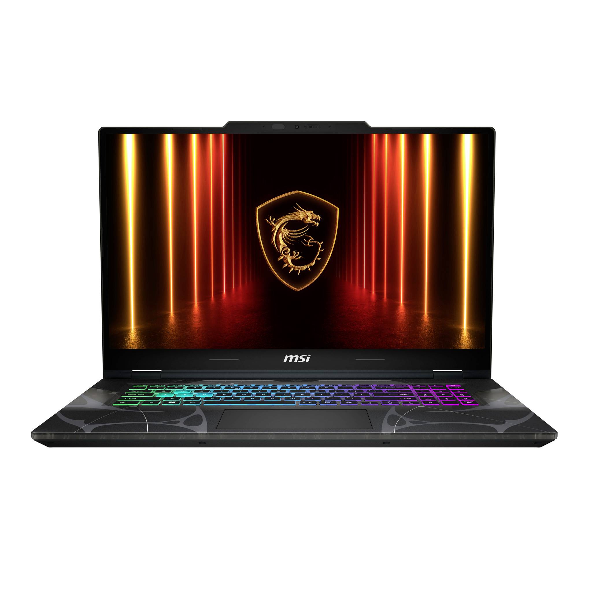 MSI Gaming-Laptop auf weißem Hintergrund geöffnet, mit einem leuchtenden Drachenlogo auf dem Bildschirm und regenbogenfarbig hinterleuchter Tastatur.