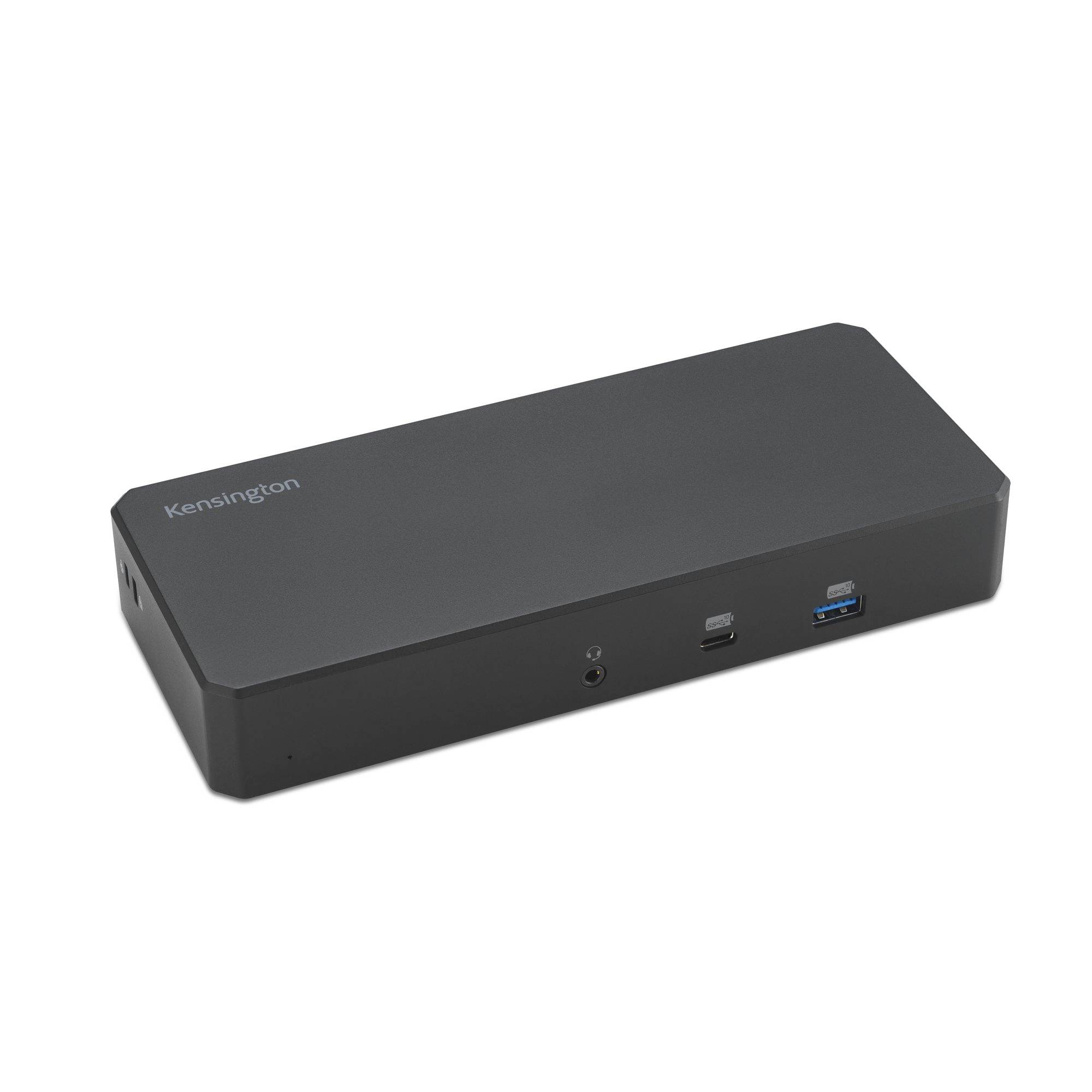 Schwarze Kensington-Dockingstation mit USB- und Audioanschlüssen, gezeigt auf weißem Hintergrund.