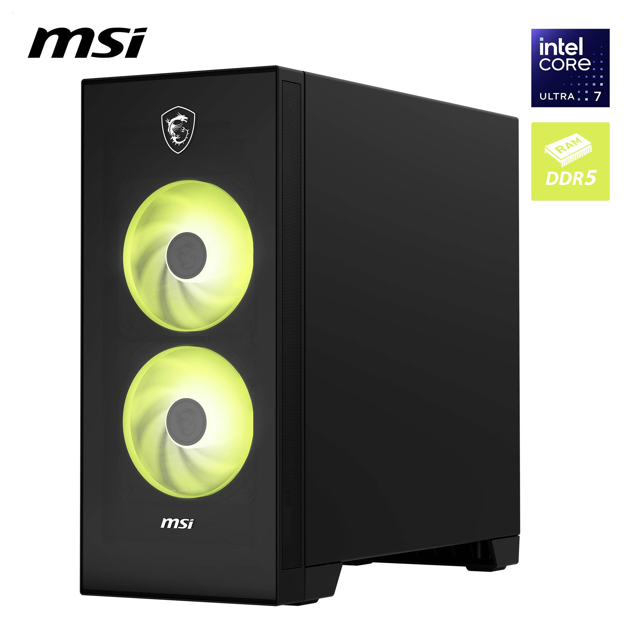 MSI Desktop-PC Tower mit zwei vorderen RGB-Lüftern, Intel Core Ultra 7 und DDR5 Abzeichen.