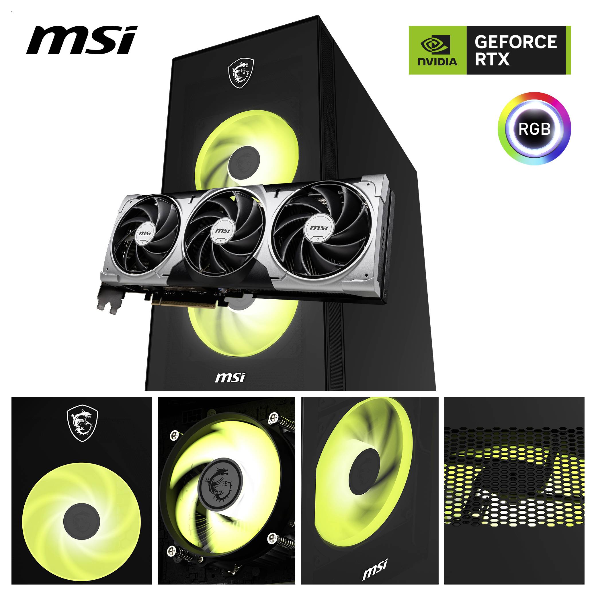 MSI GeForce RTX Grafikkarte mit dreifachem Lüfter und RGB-Beleuchtung, abgebildet mit passendem schwarzem PC-Gehäuse und detaillierten Nahaufnahmepanelen.
