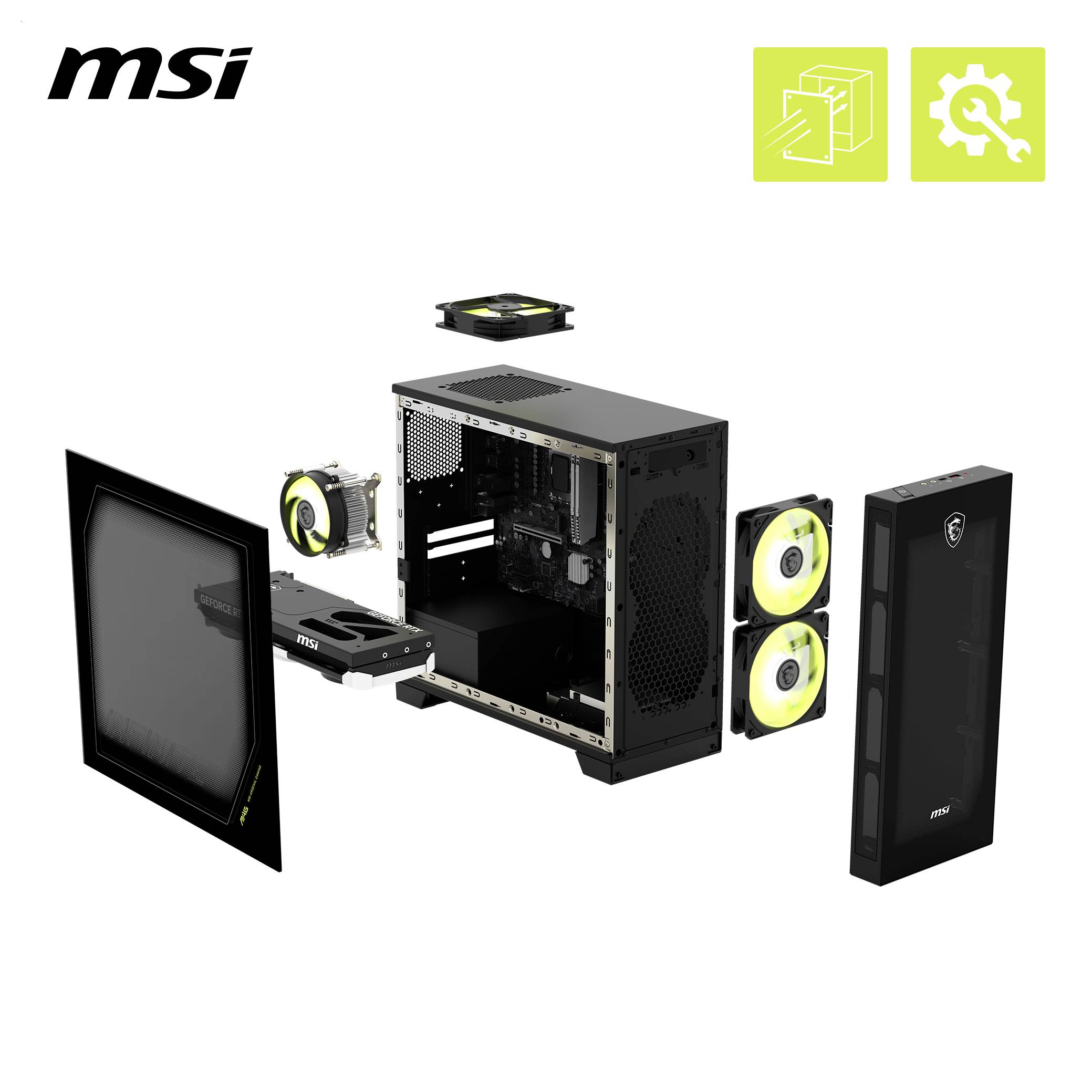 Explodierte Ansicht eines MSI-Desktop-PC-Towers mit Gehäuse, Motherboard, Grafikkarte, CPU-Kühler, Lüftern und Seitenpanel, die als separate Komponenten dargestellt sind.