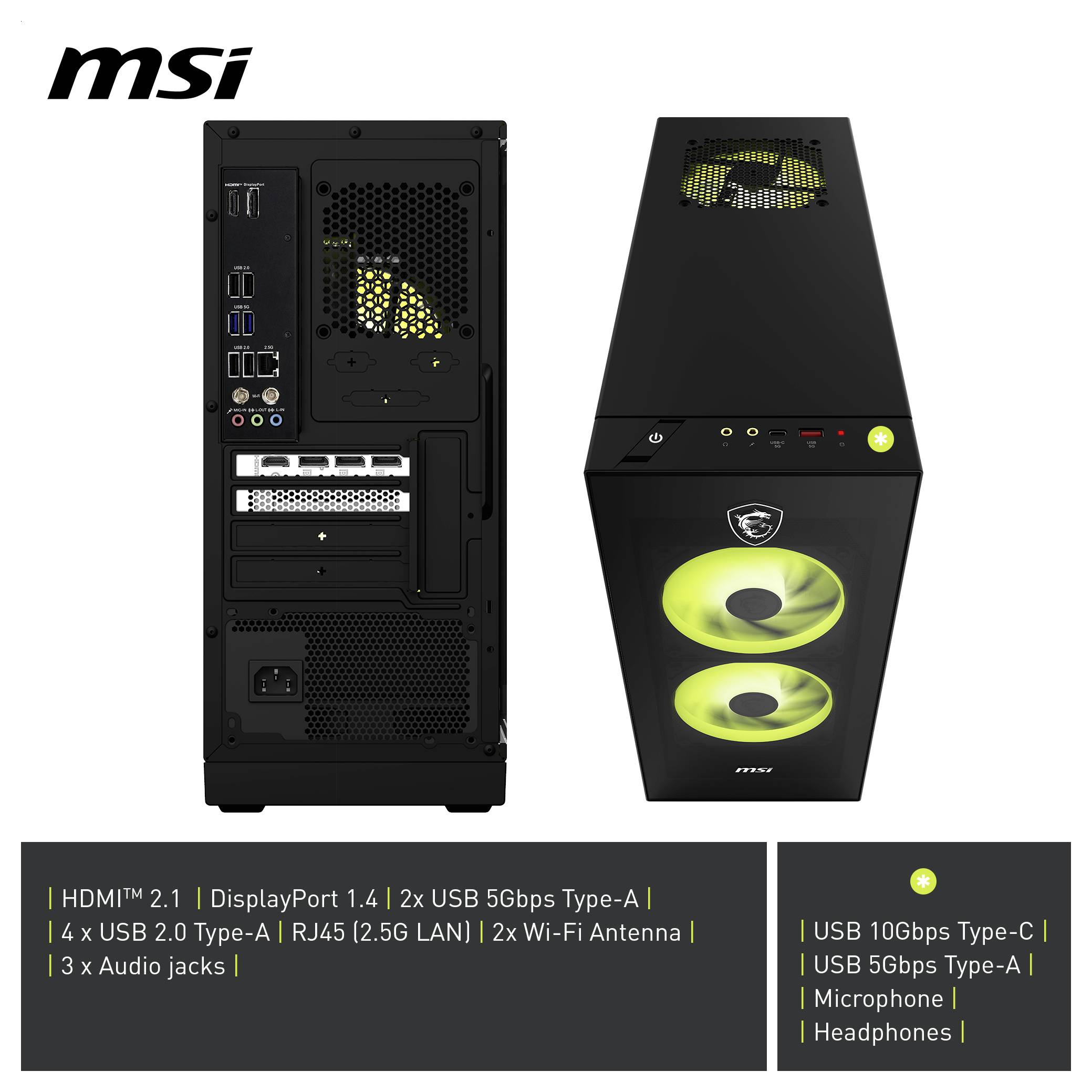 MSI-Desktop-PC-Gehäuse von vorne und hinten dargestellt, mit Hervorhebung der hinteren und oberen/seitlichen Anschlüsse: HDMI 2.1, DisplayPort 1.4, USB-A/USB-C, RJ45, Wi-Fi-Antenne, Audio-Buchsen.