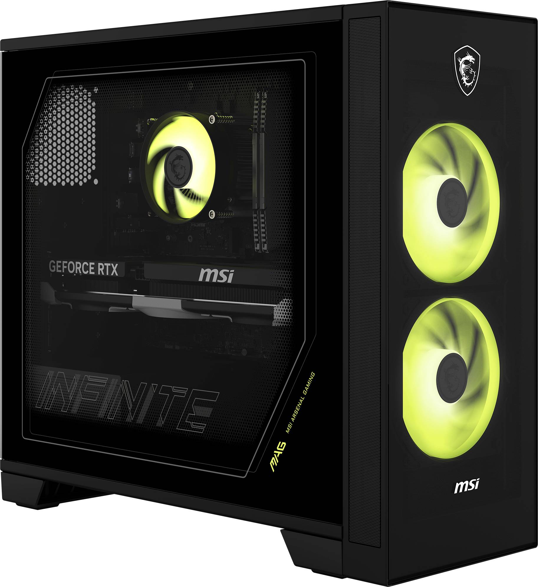 Schwarzer MSI-Gaming-Desktop-PC-Gehäuse mit gehärtetem Glasseitenpanel, grün beleuchteten Lüftern und sichtbarer GeForce-RTX-Grafikkarte.