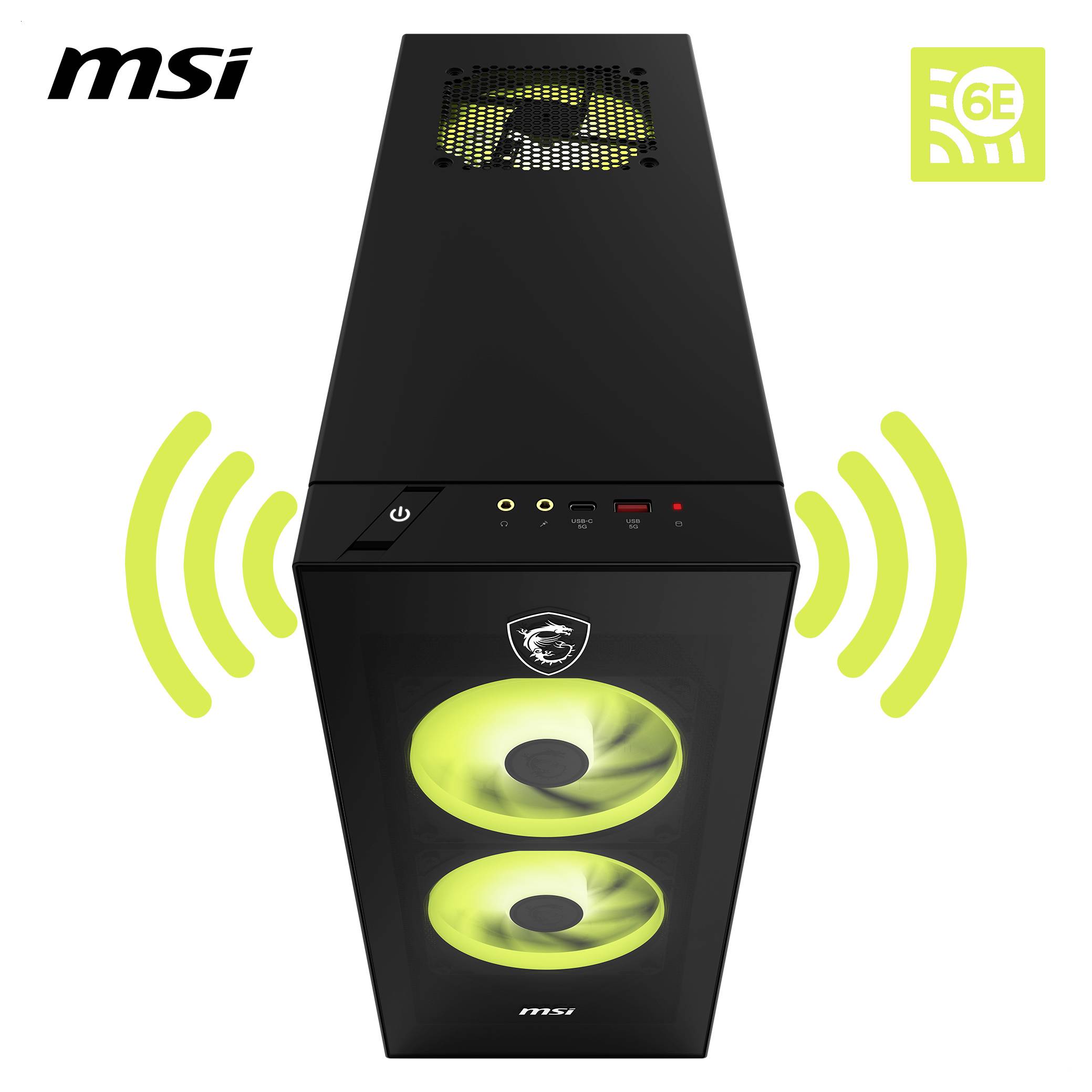 MSI-Desktop-PC-Tower mit doppelten grün beleuchteten vorderen Lüftern und oberer Belüftung, dargestellt mit Wi-Fi 6E-Logo und Signalsymbolen, die drahtlose Konnektivität anzeigen.