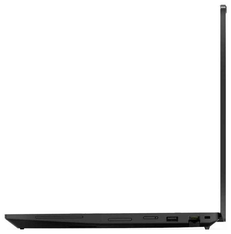 Seitenansicht eines schwarzen Laptops mit geöffnetem Deckel, die das dünne Profil, das Scharnier und mehrere Anschlüsse an der rechten Kante zeigt.
