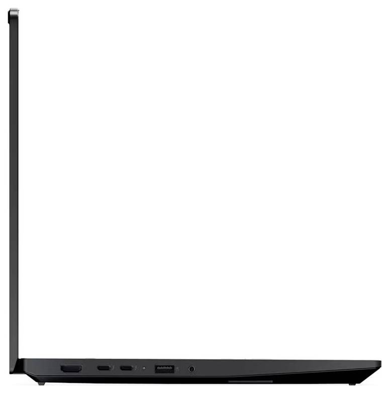 Seitenansicht eines dünnen schwarzen Laptops, geschlossen mit vertikal angehobenem Bildschirm und sichtbaren Anschlüssen entlang der Basis.