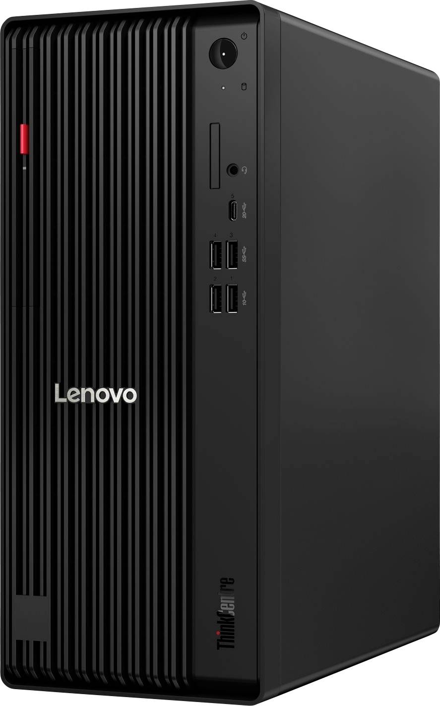 Schwarzer Lenovo ThinkCentre Desktop-Tower von vorne-links gezeigt, mit gerilltem Frontpanel, Netzschalter, USB-Anschlüssen und ThinkCentre-Branding.