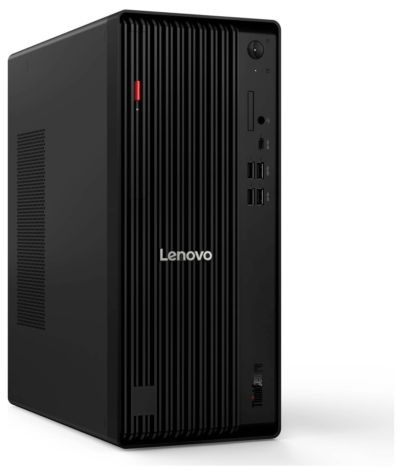 Schwarzer Lenovo ThinkCentre-Desktop-Tower-Computer in Vorderansicht mit Stromschalter, Laufwerksschacht, USB-Anschlüssen und Lüftungsschlitzen.