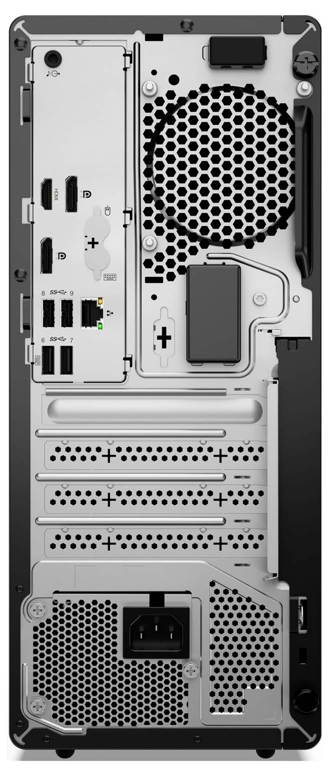 Rückansicht eines Desktop-Computer-Towers mit Motherboard-I/O-Anschlüssen, Erweiterungssteckplätzen, Netzteilüftung und Kabelzugriffsöffnungen.