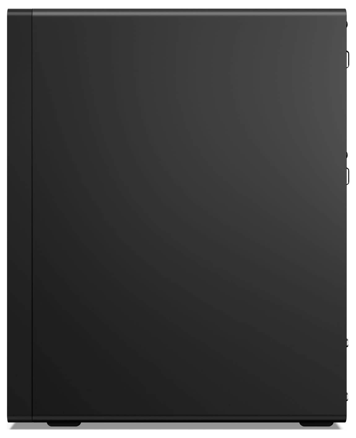 Geschlossenes schwarzes Computergehäuse, von vorne gezeigt, mit einem schlichten, matten Panel und sichtbaren Seitenverschlüssen an der rechten Kante.