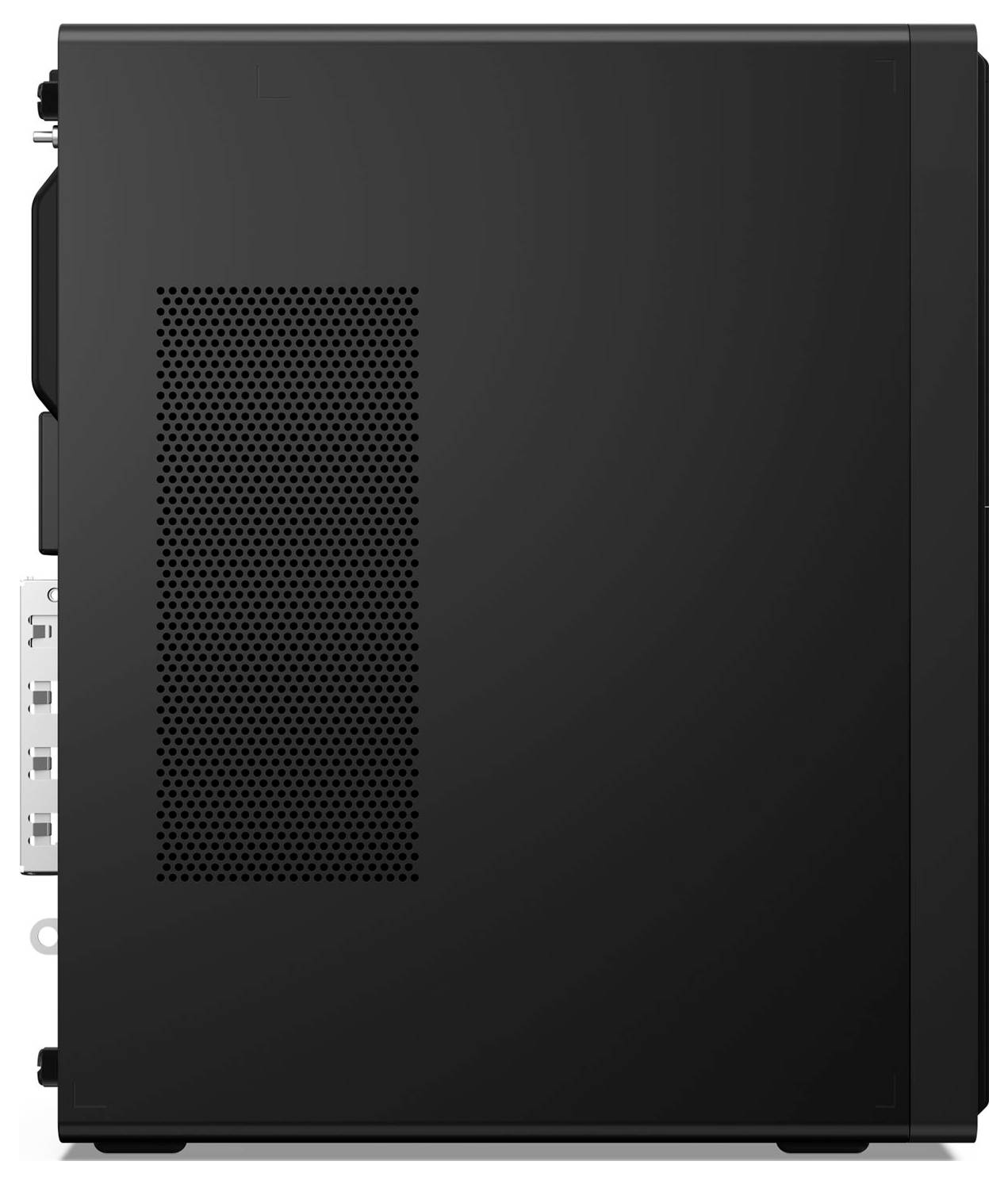 Schwarzes Computer-Gehäuse von der Seite gezeigt, mit großem perforiertem Belüftungspanel und teilweise sichtbaren hinteren I/O-Anschlüssen.