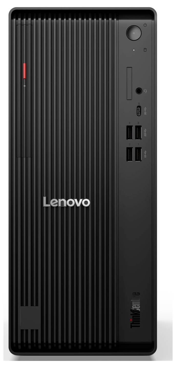 Vorderansicht eines Lenovo ThinkCentre Desktop-Towers mit schwarzem geripptem Gehäuse, Netzschalter, USB-Anschlüssen und Audiobuchsen auf der Frontplatte.