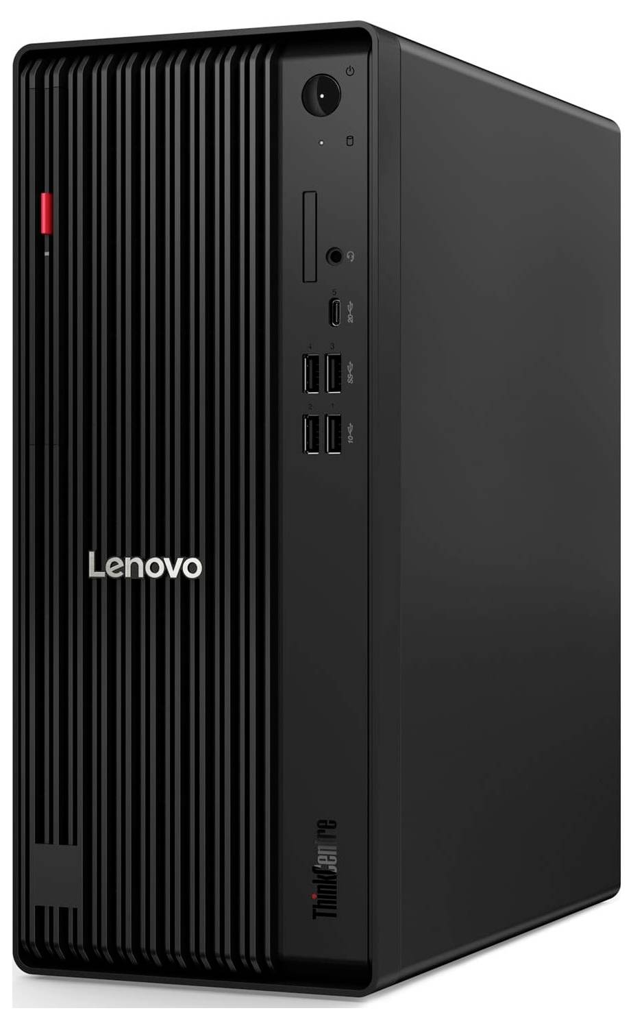 Schwarzer Lenovo ThinkCentre Desktop-Tower von vorne-links gezeigt, mit vertikalem belüftetem Frontpanel, Netzschalter und sichtbaren USB-Anschlüssen an der Vorderseite.