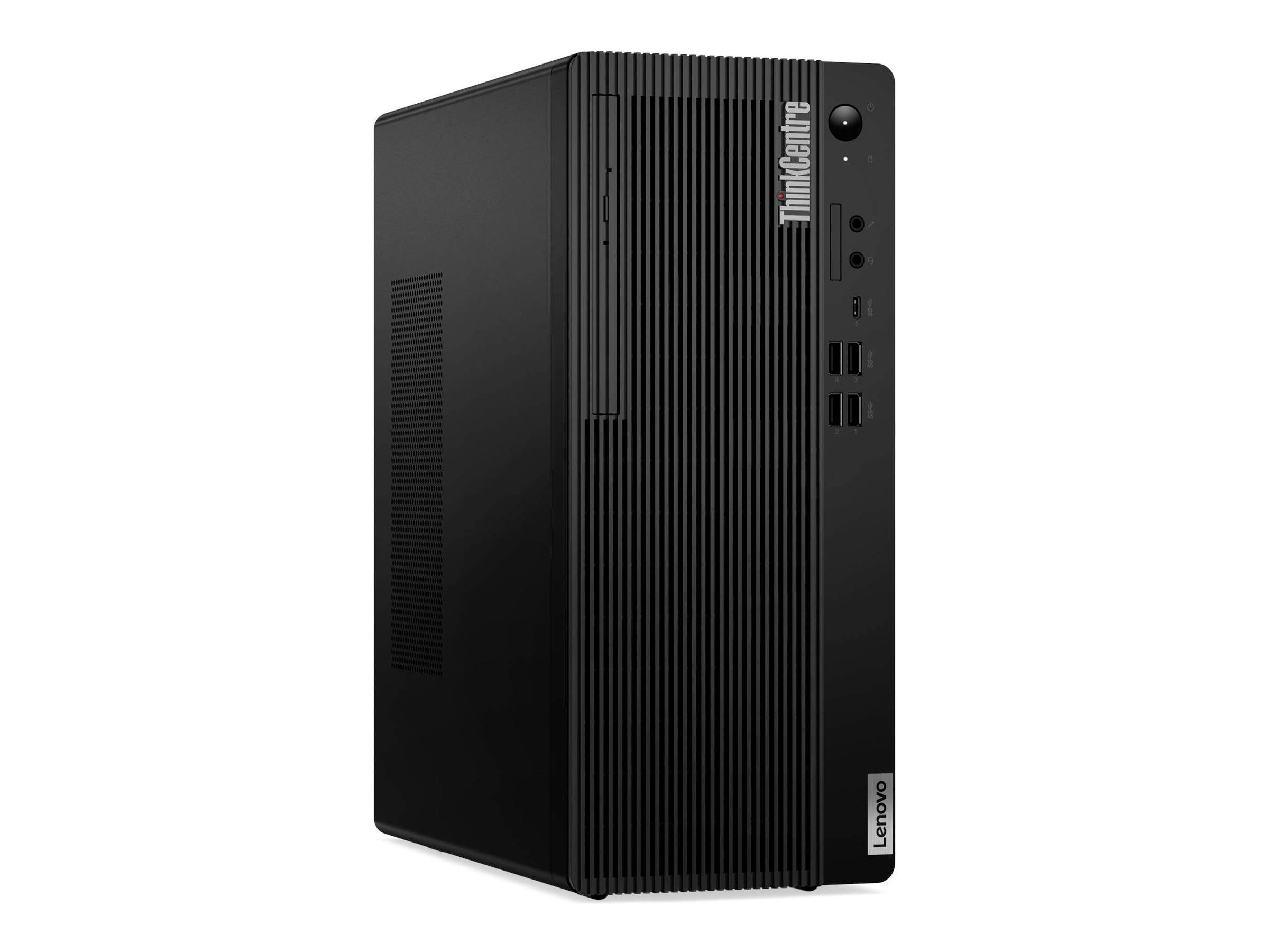 Schwarzer Lenovo ThinkCentre Desktop-Turm-Computer in Vorder- und Seitenansicht auf weißem Hintergrund dargestellt.