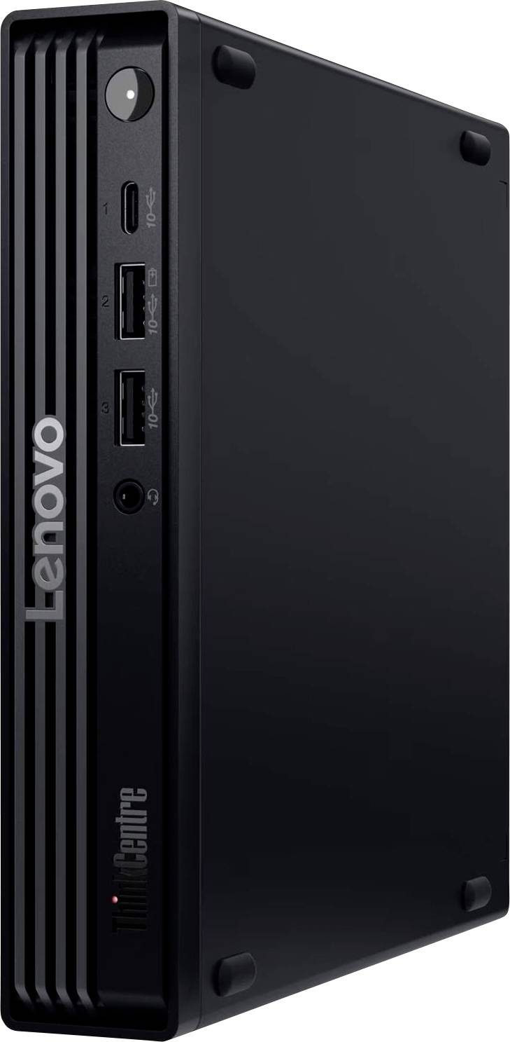 Schwarzer Lenovo ThinkCentre Mini-Desktop-Computer von vorne-links dargestellt, mit sichtbarem Stromschalter, USB-Anschlüssen und Audiobuchse.