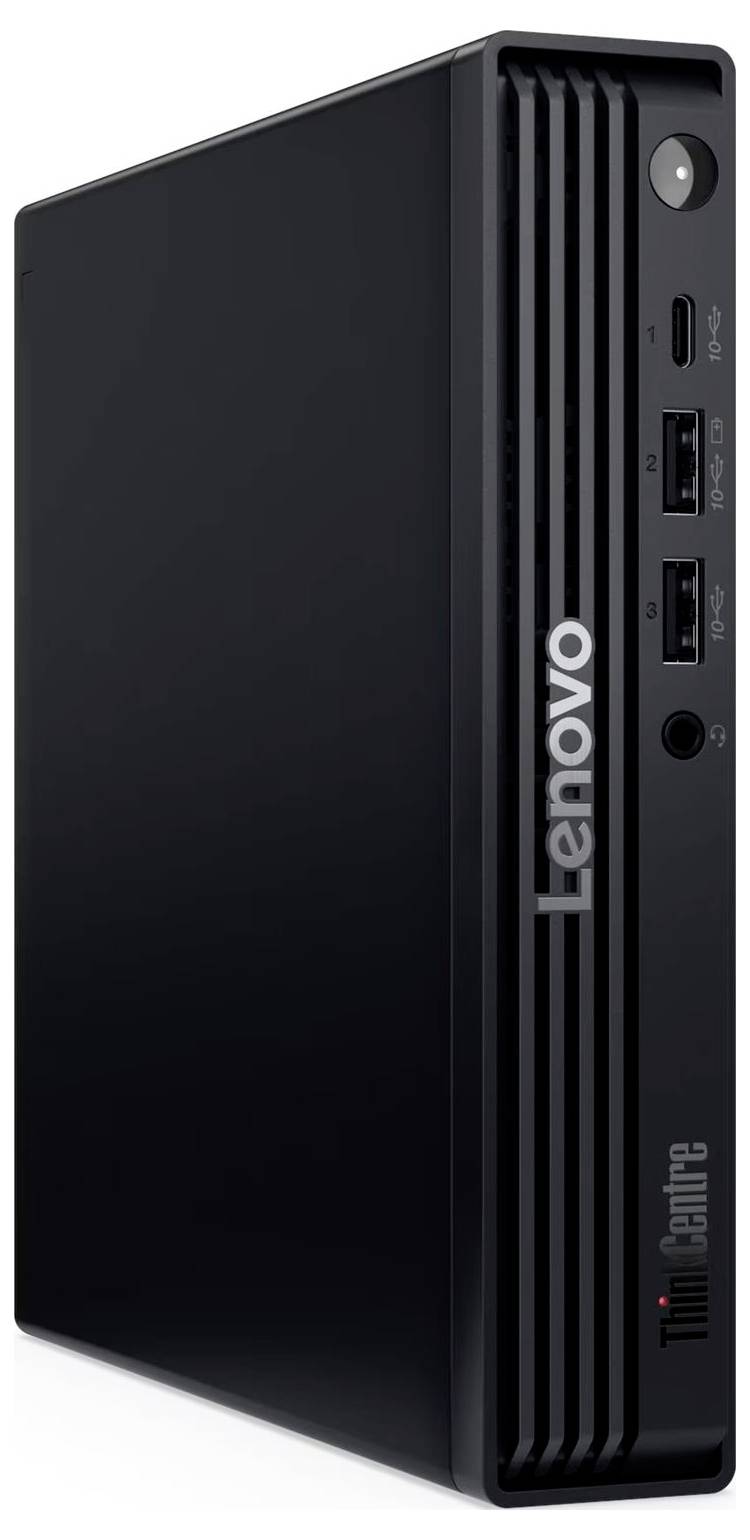 Lenovo ThinkCentre Mini-Desktop-PC aufrecht dargestellt, schwarze Frontplatte mit vertikalen Lüftungsschlitzen, Ein-/Ausschalter, Anschlüsse und beleuchtetes ThinkCentre-Logo.