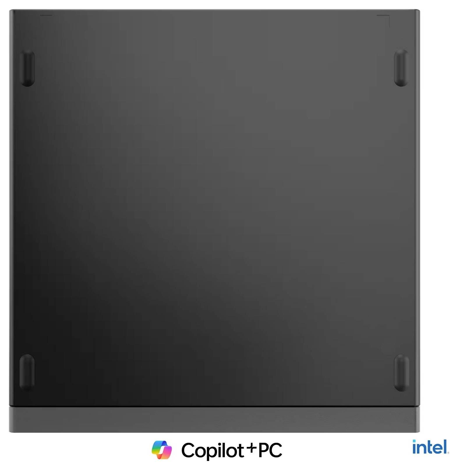 Vorderansicht eines schwarzen Copilot+ PC-Laptop-Deckels mit Intel-Branding darunter